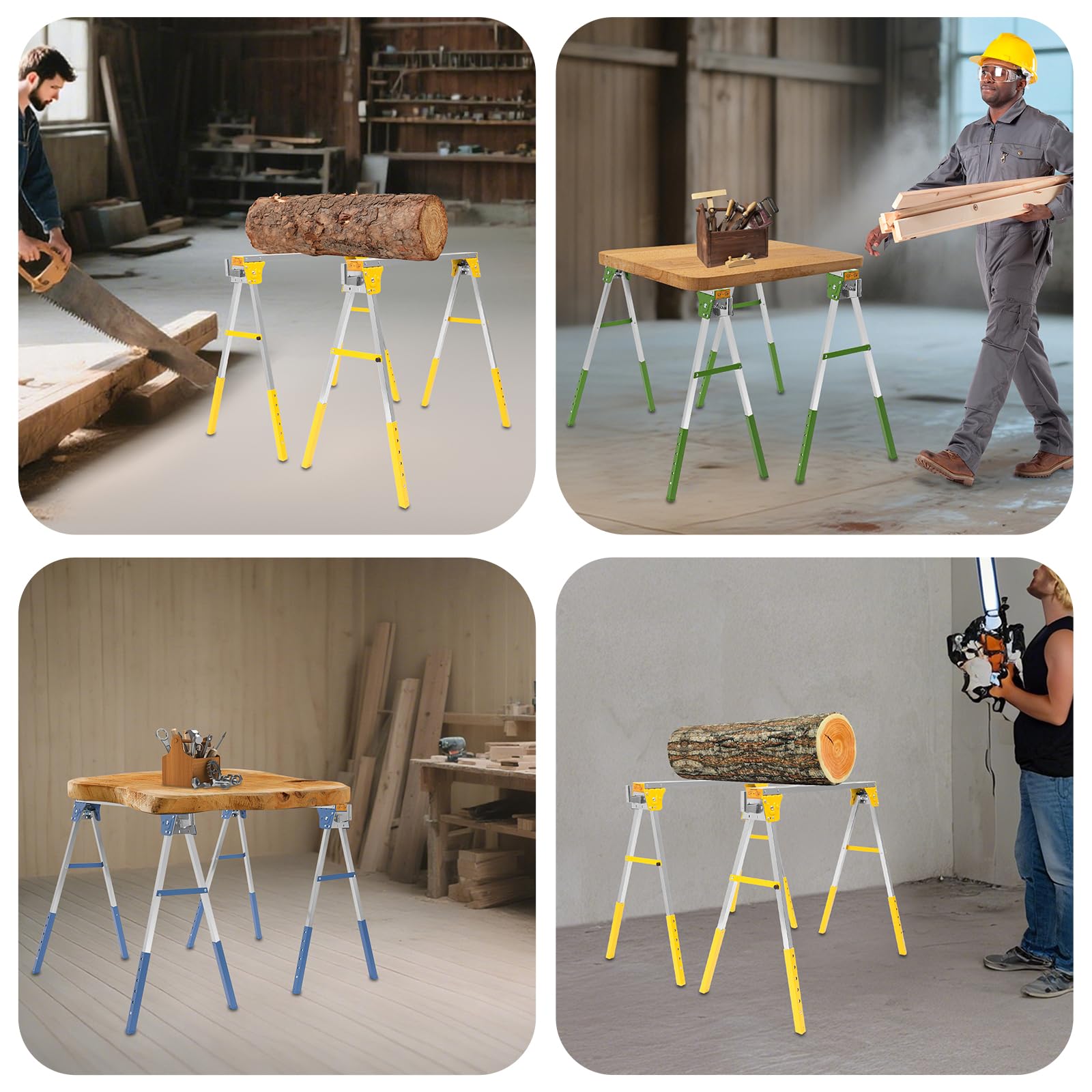 Juego de 2 caballetes de trabajo plegables, altura regulable hasta 1200 kg | Caballete plegable con 6 alturas y 4 ganchos para taller, garaje, construcción y jardín