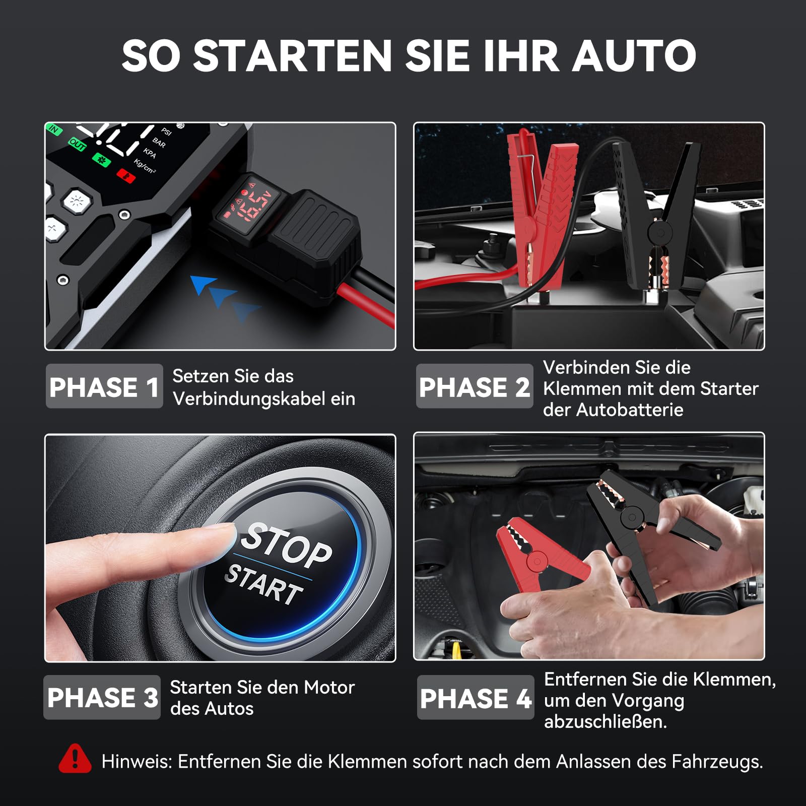 ACEZUK Starthilfe Powerbank mit 26800mAh 7000A Spitzenleistung,150PSI Kompressor, 4-in-1 Powerbank als Auto Starthilfe mit LCD Bildschirm, Tragbare Starter Powerbank mit LED Taschenlampe