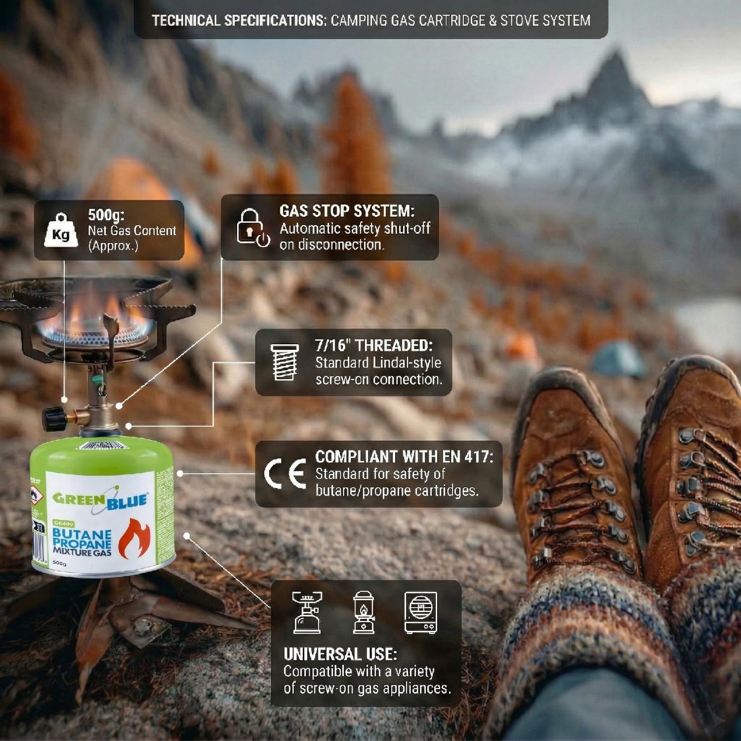 GreenBlue GB499 - Cartuccia gas 500 g (propano/butano) EN417, filettatura 7-16, sistema di sicurezza Gas Stop riutilizzabile, per fornelli da campeggio, bruciatori da esterno