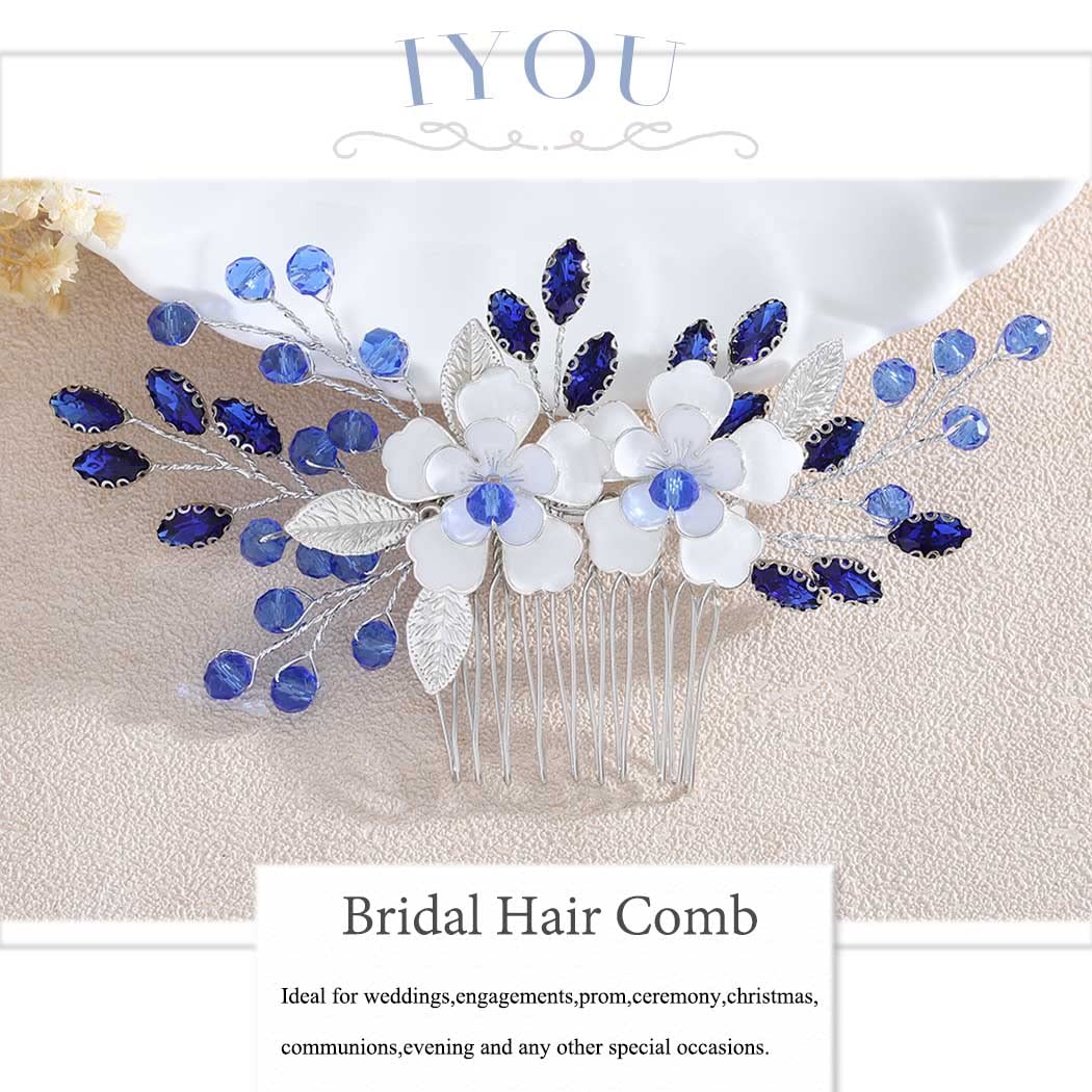 IYOU Flor Boda Peine Azul Cristal Nupcial Accesorios para el Cabello Barroco Paseo Novia Piezas de Cabello por Mujeres