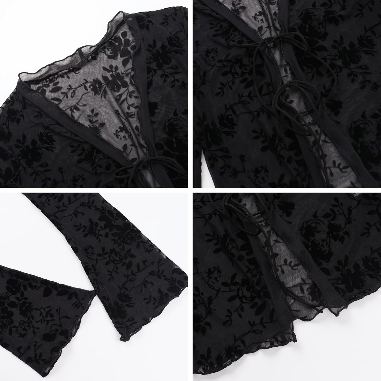 Women's Sheer Mesh Leopard Print Crop Top T Shirt Sexy Lace Deep V Neck Blouse Long Flare Sleeve Slim Tee Shirt - Image 6