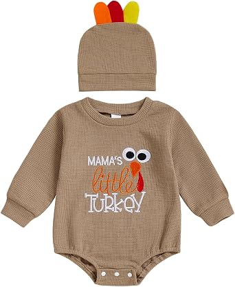 Newborn Baby Boy Thanksgiving Outfit Waffle Long Sleeve Romper Sweatshirt Mamas Little Turkey Bodysuit Top