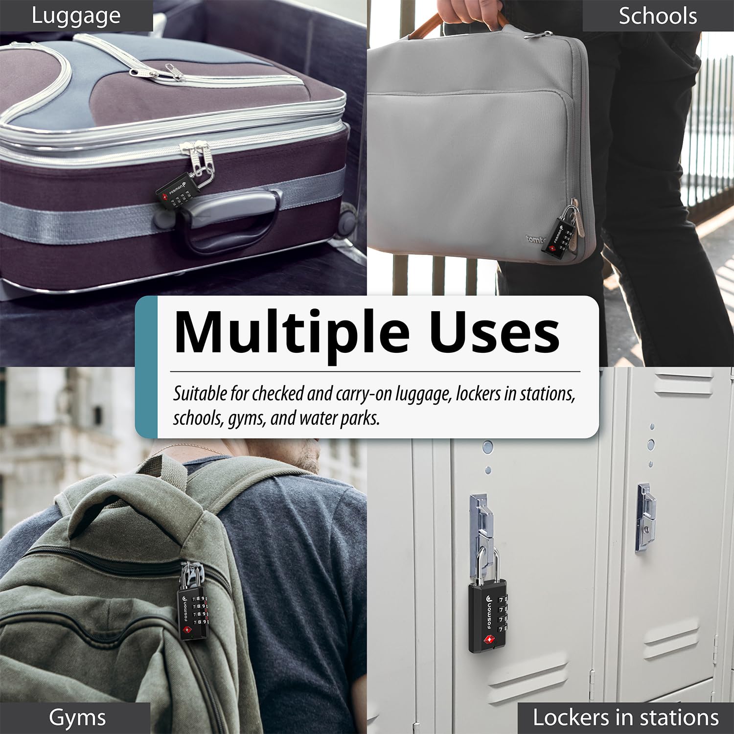 Fosmon Cadenas à code pour vélo, valise, sac de voyage, casier ou sac à dos – Utile pour sécuriser tous les bagages – Approuvé TSA – Cadenas à combinaison à 4 chiffres – Lot de 4, Noir