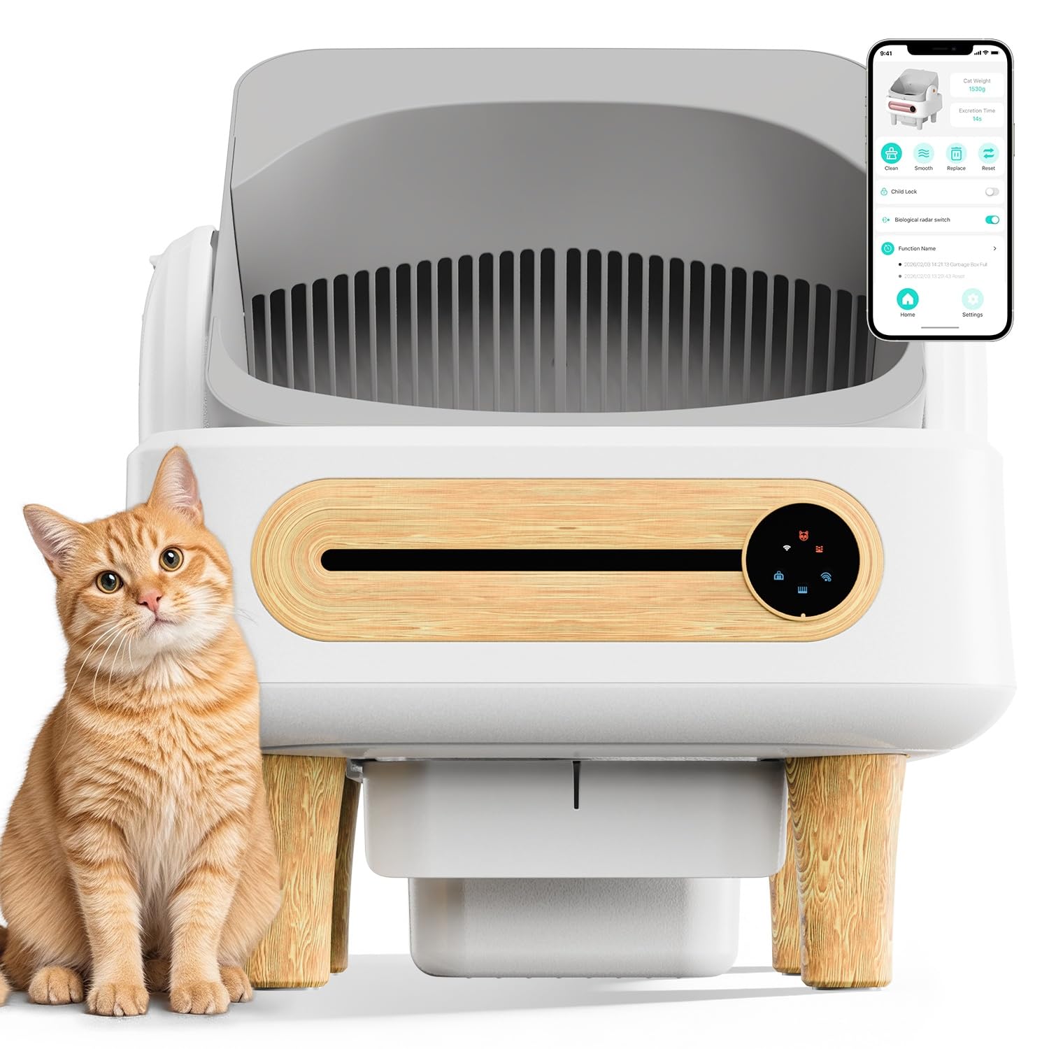 RPZ Automatic Cat Litter Box Self Cleaning, Robot Litter Box for Multiple Large Cats, Open Top Auto App Control Ultra-Quiet, Durable, Keep Home Freshness, Wood Grain