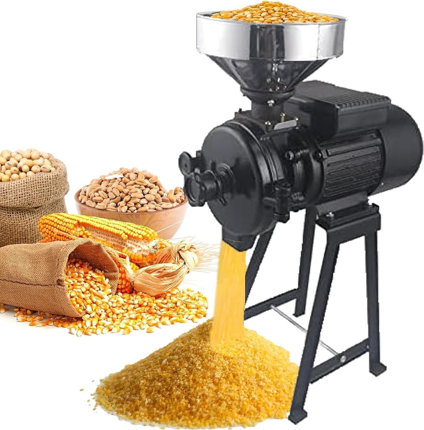 Grinding Mill Crusher，Electric Mill Wet Dry Cereals Grinder, Heavy Duty Grain Mills, with Funnel, Speed 1400r/min, Output 50-75kg/h, Adjustable Thickness, for Corn Rice Wheat Soybean