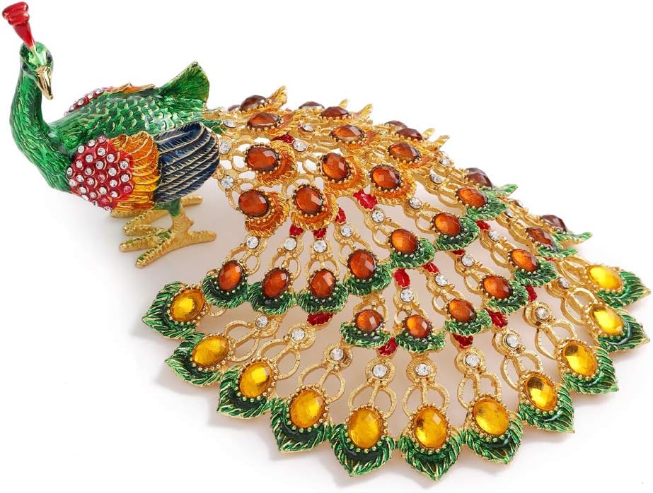- Peacock Trinket Boxes Hinged Enameled Jewelry Box Hand-Painted Animals Ornaments Craft Gift for Home Decor (Green)