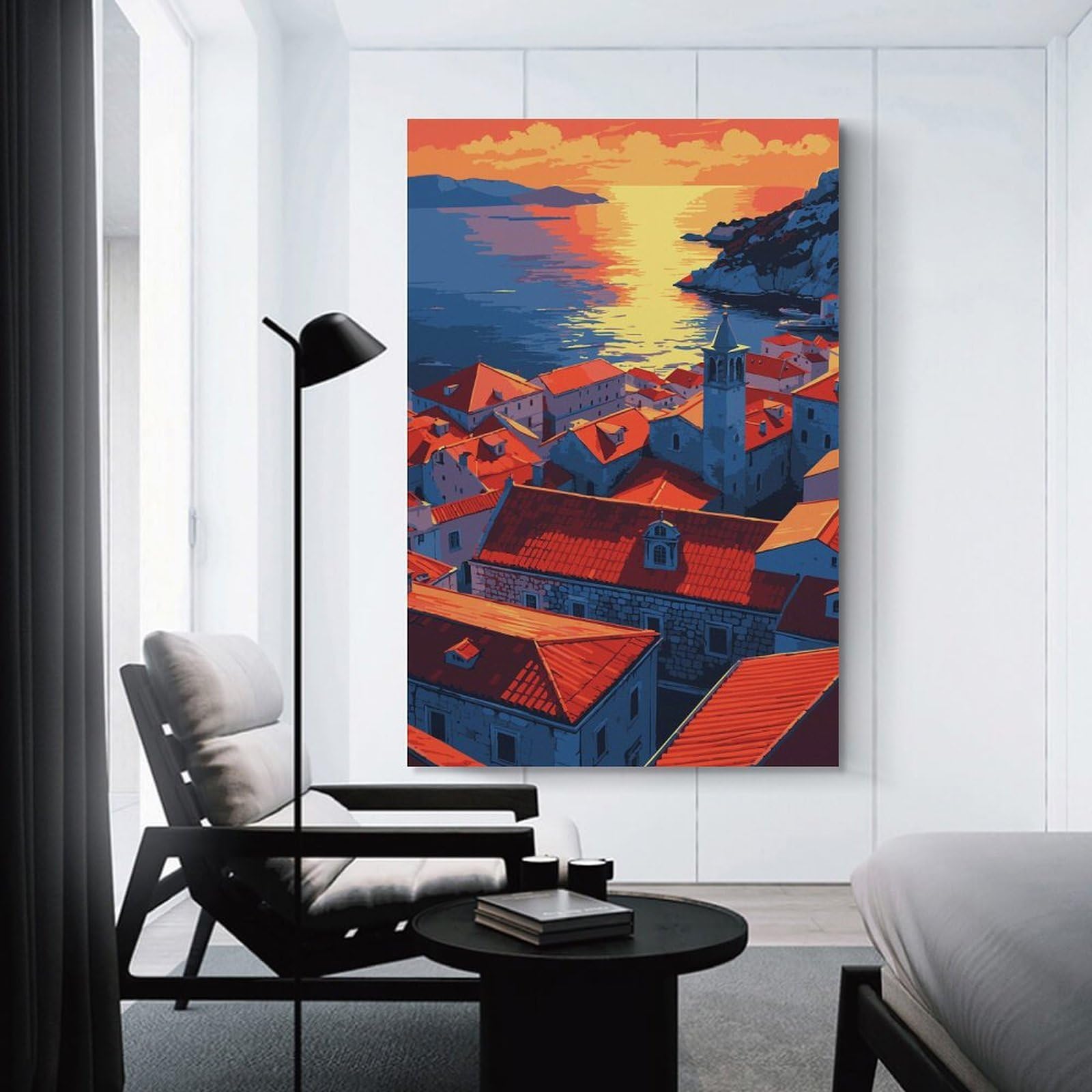 Junmoney Canvas Wall Decor Coastal Townscape at Sunset, 20x30inch(50x75cm), for Bedroom Decor, Cosy Corners Or Studios, Decorative Wall Art for Cosy Rooms