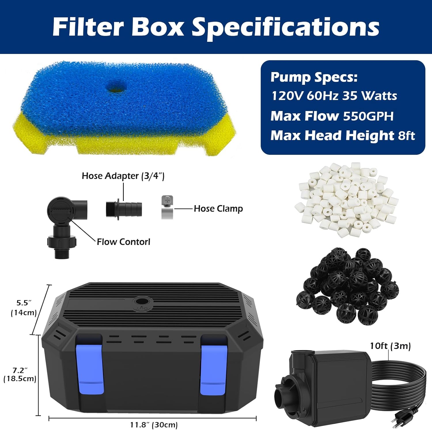 All-in-1 Pond Waterfall Kit with 550GPH Pond Filter Pump, 8-inch Stainless Steel Spillway with LED Lights, 4-Stage Filtration Outdoor Waterfall for Water Feature, Garden, Backyard, Pool