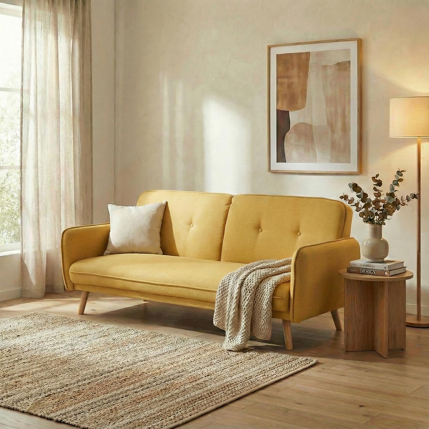 Mendler HWC-J18 - Sofá cama (185 cm), color amarillo | Sofá plegable, cama de invitados, sofá cama, textil