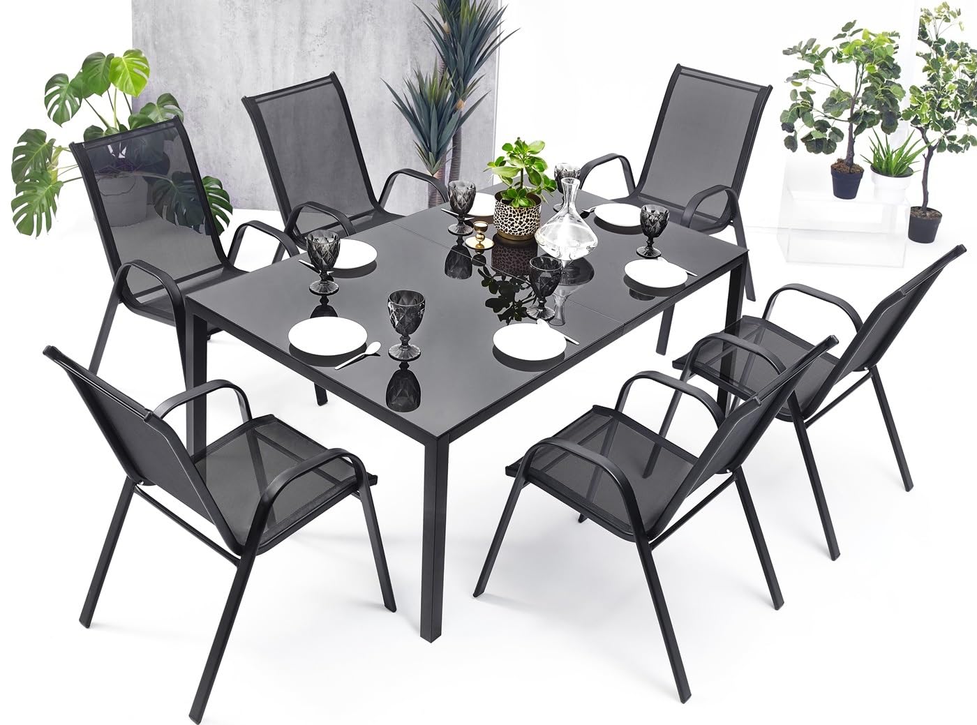 Gartentisch aus Glas und Stahl wetterfest moderner Esstisch für Garten Balkon Terrasse robust pflegeleicht in Schwarz als Variante erhältlich (70x120x71 cm)
