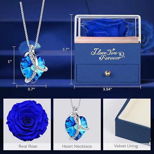Miniatura 2 de Collar de rosa real azul preservada con corazón I Love You regalos de rosas de flores eternas para mamá esposa novia ella en aniversario Navidad Día