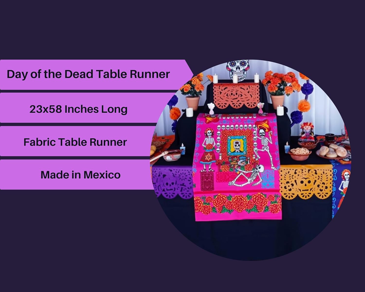 Mexican Table Runner, Dia de Muertos Table Runner, Day of The Dead Decor, Mexican Party Decorations, Dia de Los Muertos Ofrenda Altar (Ofrenda in Pink)