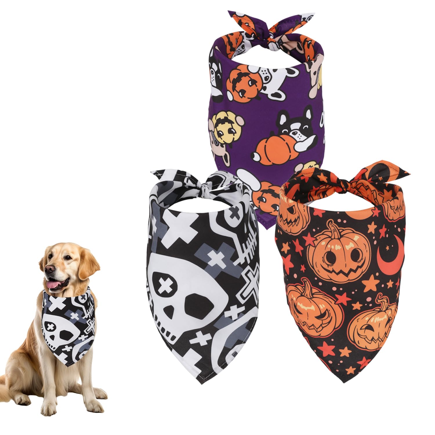 3uds Bandanas para Perros de Halloween, 65x45cm Bandanas Triangulares para Perros Ajustables Pañuelo para Perros para Perros Pequeños Medianos Grandes (Calabaza, Calavera, Cabeza de Perro)