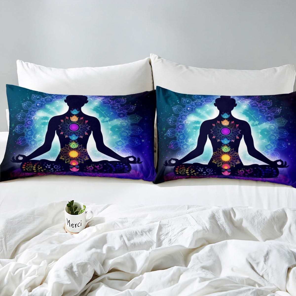 Yoga Duvet Cover Set King Size,Chakra Meditation Bedding Set,Blue Mandala Comforter Cover Boho Hippie Style with Chakra Art Print Bedspreads Cover,Kids Adult Room Decor Bed Cover with Zipper Dark Blue