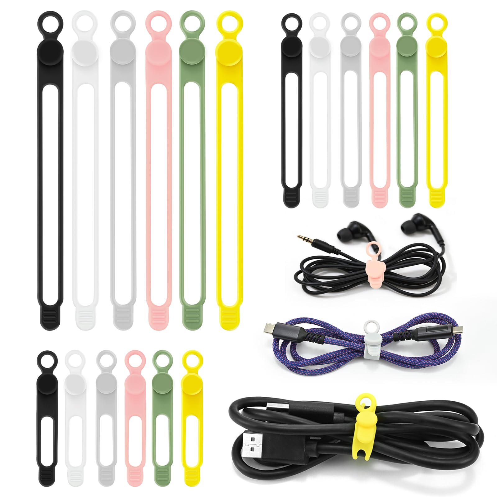 Reusable Silicone Cable Ties, Cord Organizer Ties for Charging Cables, Wire Organizers, Electrical Cords, Computer Wires, Data Cables (6 Colors, 3 Sizes)
