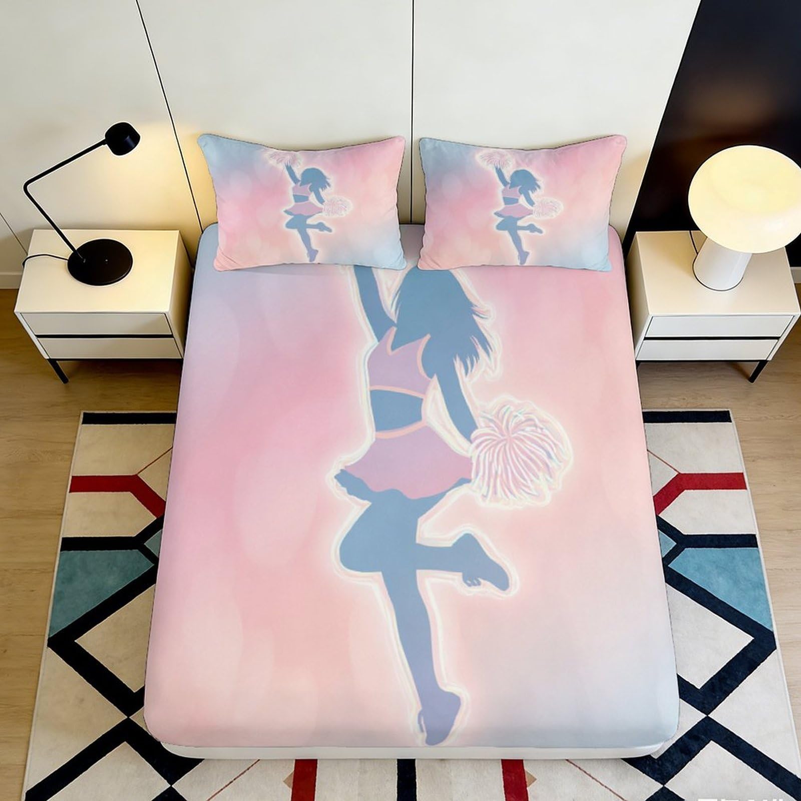3D Printed Cheerleader Silhouette Fitted Sheet Microfiber Pink Blue Bed Cover Anti-slip for Bedroom Dorm Mattress Decoration 160x200x25cm