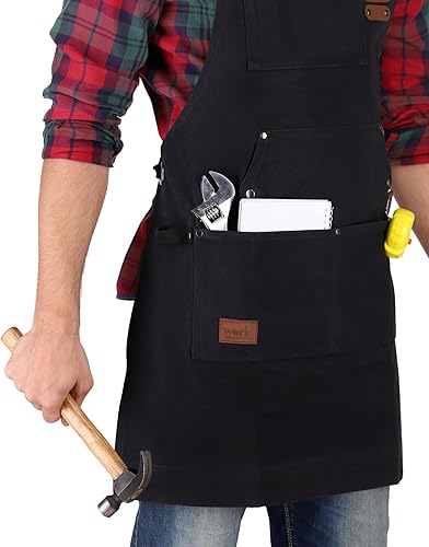 Miniatura 9 de WHITEDUCK Delantal de trabajo de lona para hombre, delantal de carpintería de 24 onzas con 7 bolsillos y correas cruzadas en la espalda, taller,