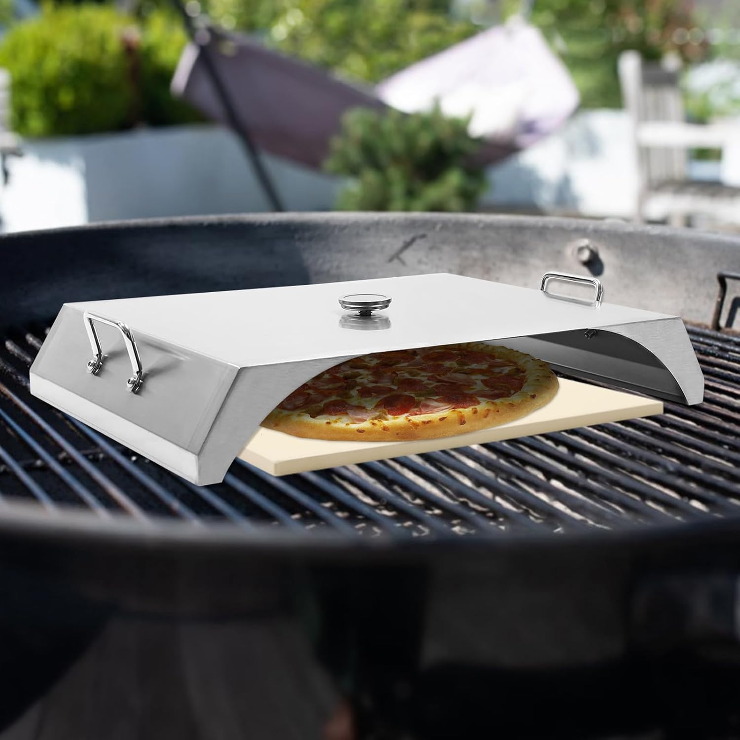 Outdoor Pizza Oven with Stone, Open Faced Grill Pizza Oven with Thermometer and Barbeque Tong for Baking 12-Inch Large Pizzas, Grill Top Pizza Oven Kit for Camping, Picnic