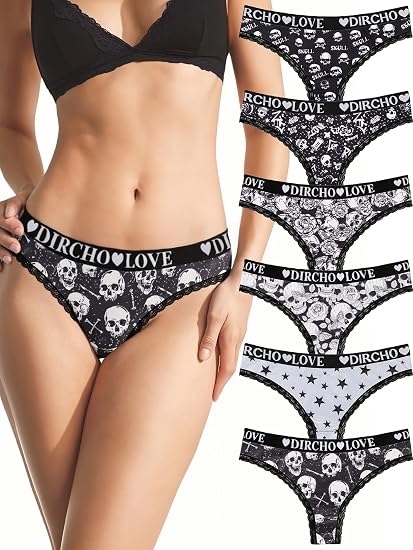 Dircho Women's 6pcs Jacquard Waistband Gothic Skull Print Lace Trims Thongs