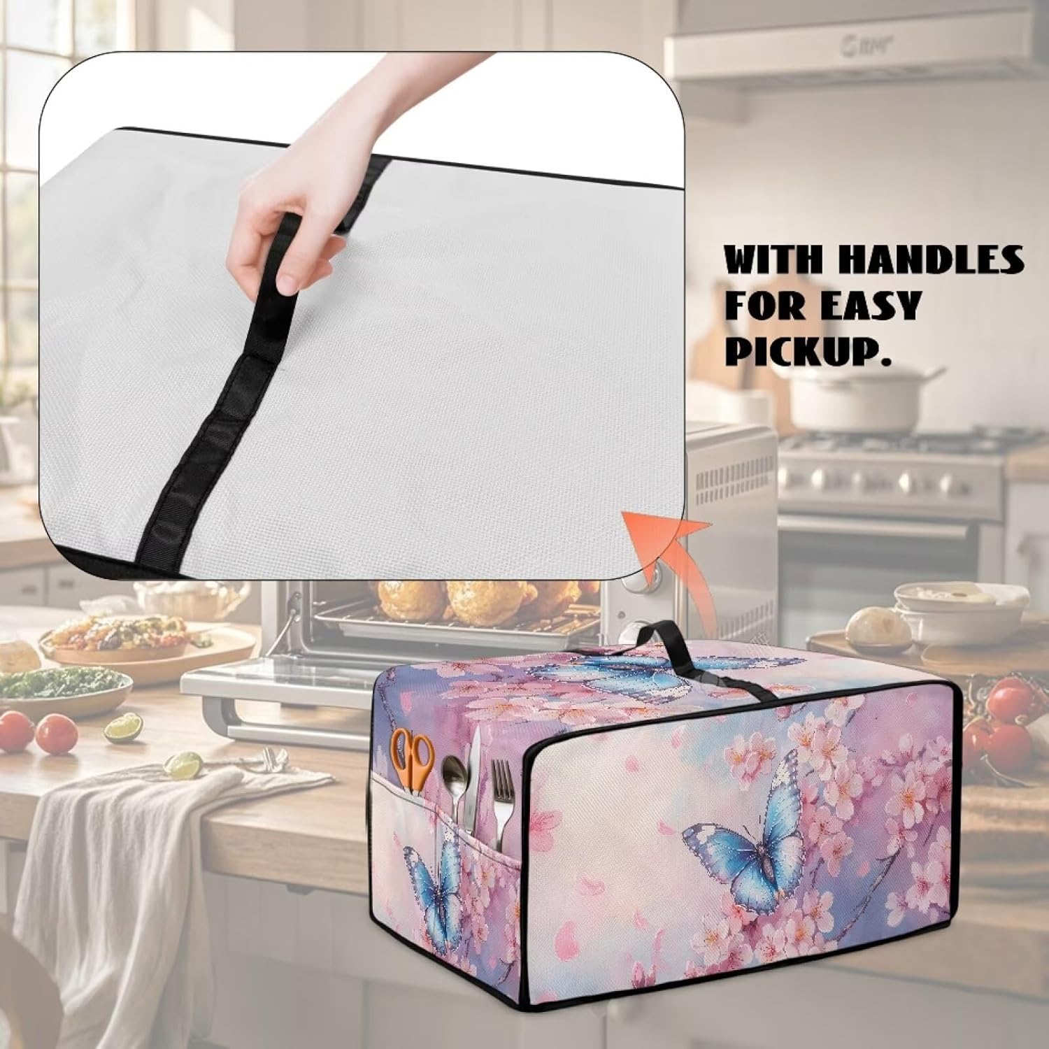 Toaster Oven Cover with Side Pocket Dustproof & Waterproof Fabric, Fits Most Small Appliances, Stylish Kitchen Decor & Practical Gift Butterfly Cherry Blossom