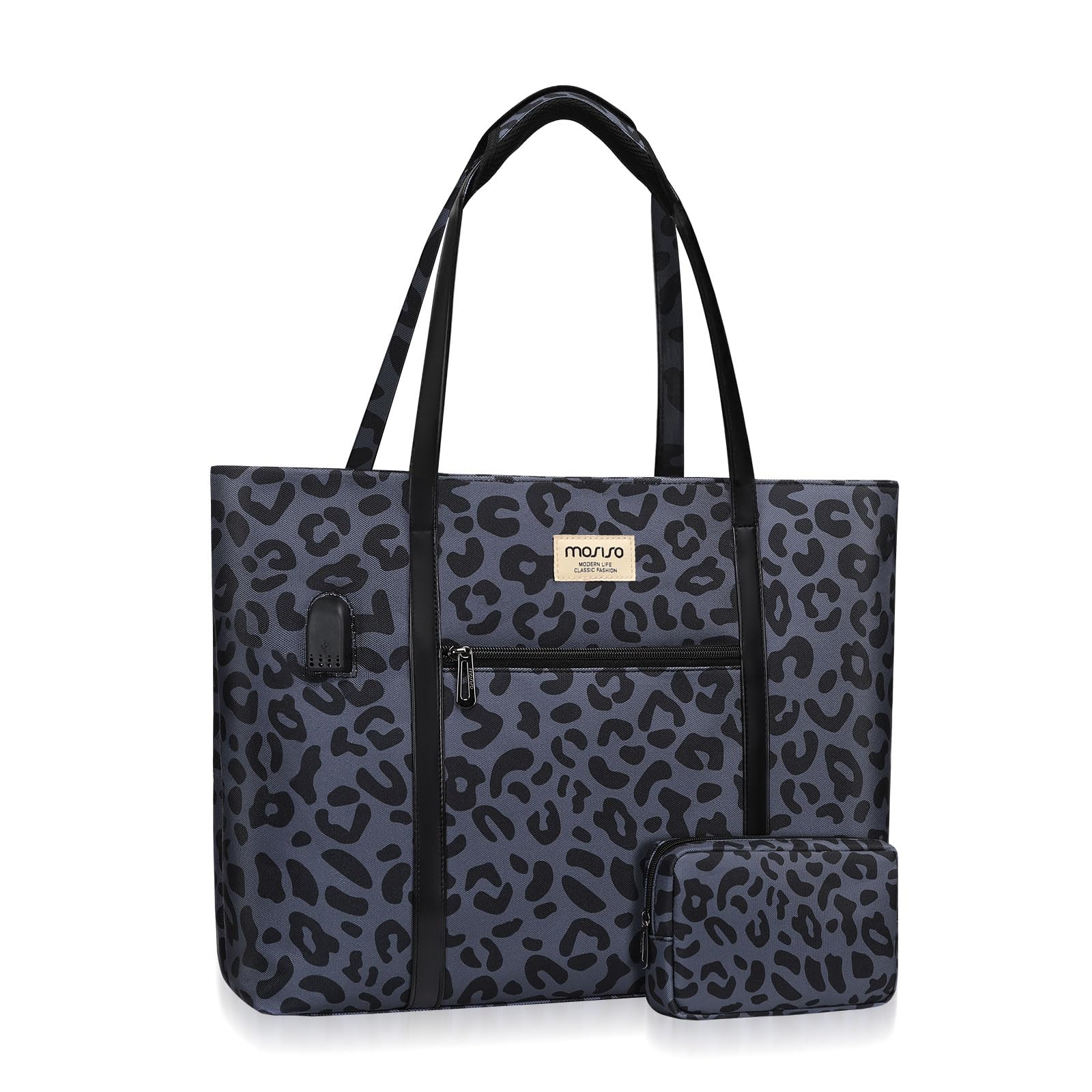 MOSISO USB Charging Port Laptop Bags for Women, Compatible with MacBook, 17-17.3 inch Notebook and Chromebook, Leopard Grain Work Tote Bag Travel