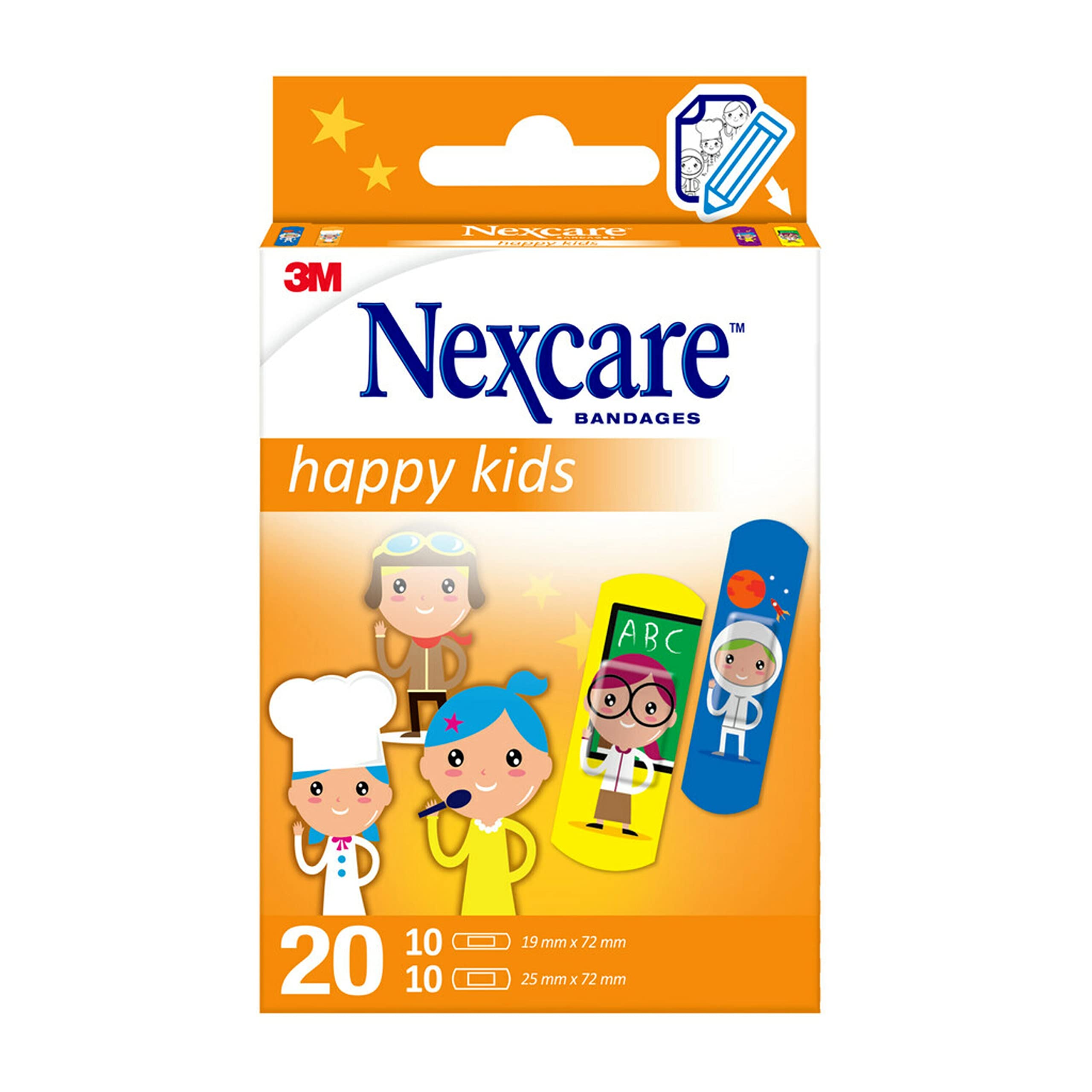 Nexcare Happy Kids Plasters Assorted by 3M Pack of 20, Colourful Fun-Design Kids Bandages that Make Cuts & Grazes Easier, Gentle Flexible Plasters in Assorted Sizes for Children's Everyday Boo-Boos