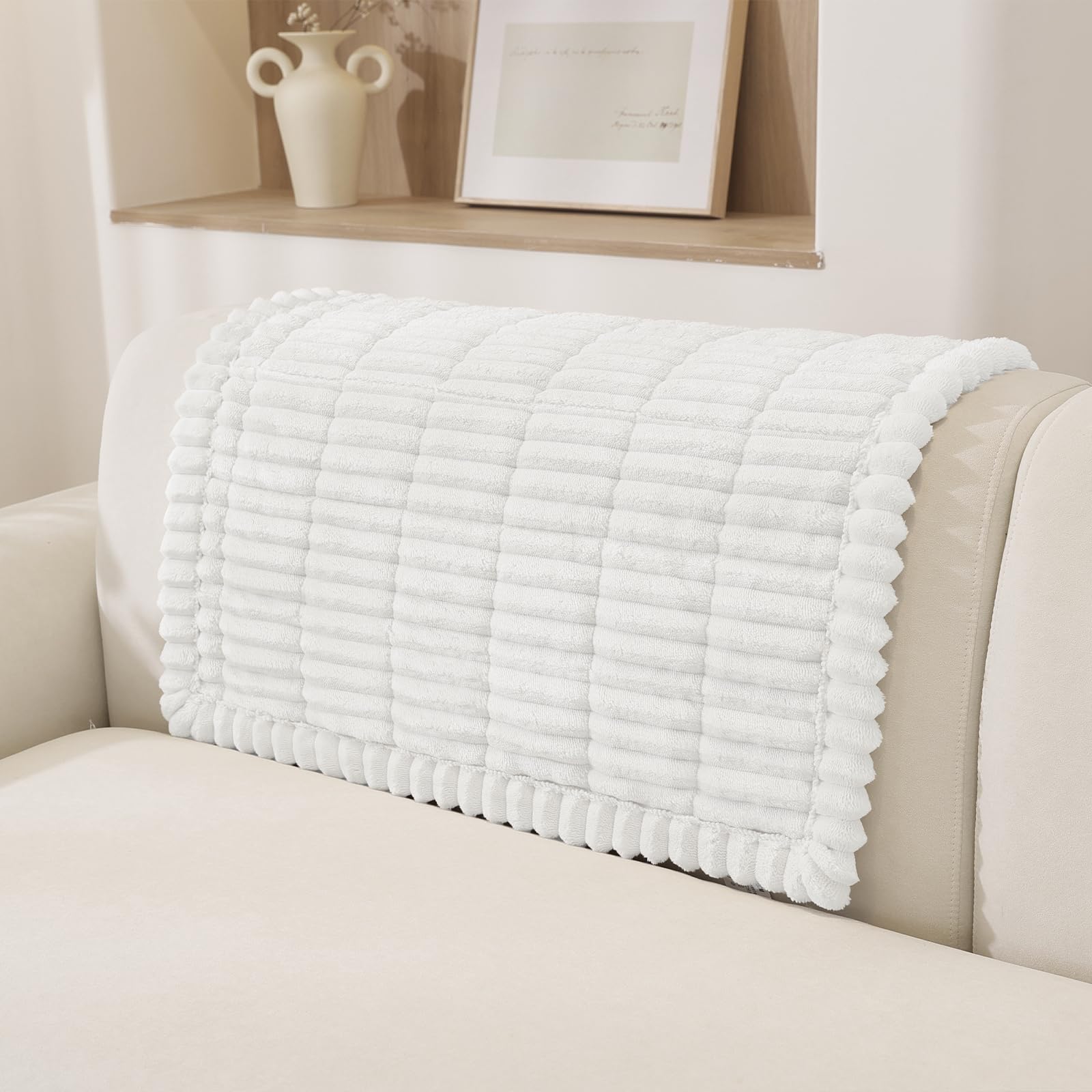 MAXIJIN Flannel Armrest Cover Washable, Soft Thick Sofa Cover 1 Seater, Armchair Covers for Dogs, Backrest Covers Furniture Slipcovers, Fuzzy Pads for Pets and Kids (White, 70×70cm)