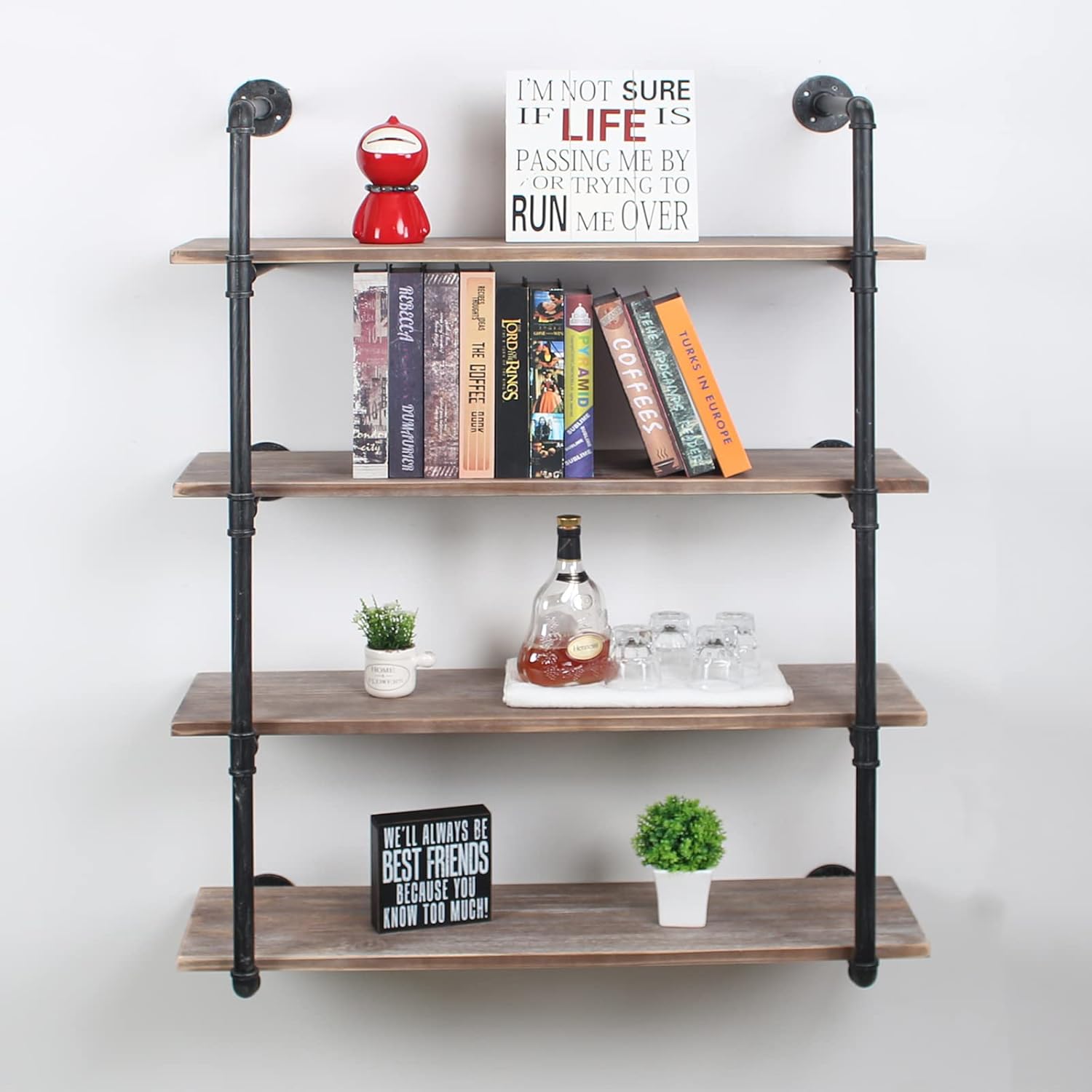 MBQQ Industrial Pipe Shelving Wall Mounted,48in Rustic Metal Floating Shelves,Steampunk Real Wood Book Shelves,Wall Shelf Unit Bookshelf Hanging Wall Shelves,Farmhouse Kitchen Bar Shelving(4 Tier)