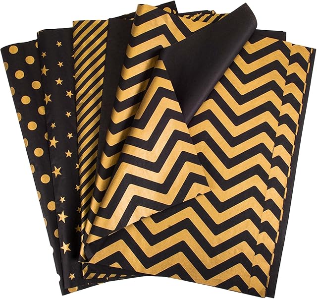 Larcenciel 50 Sheets Black Gold Tissue Paper, 5 Styles Metallic Tissue Paper for Gift Bags and Wrapping, Glitter Wrapping Tissue Paper Bulk for Holiday, Birthday, Party Decor, DIY Craft- 50 x 35 cm