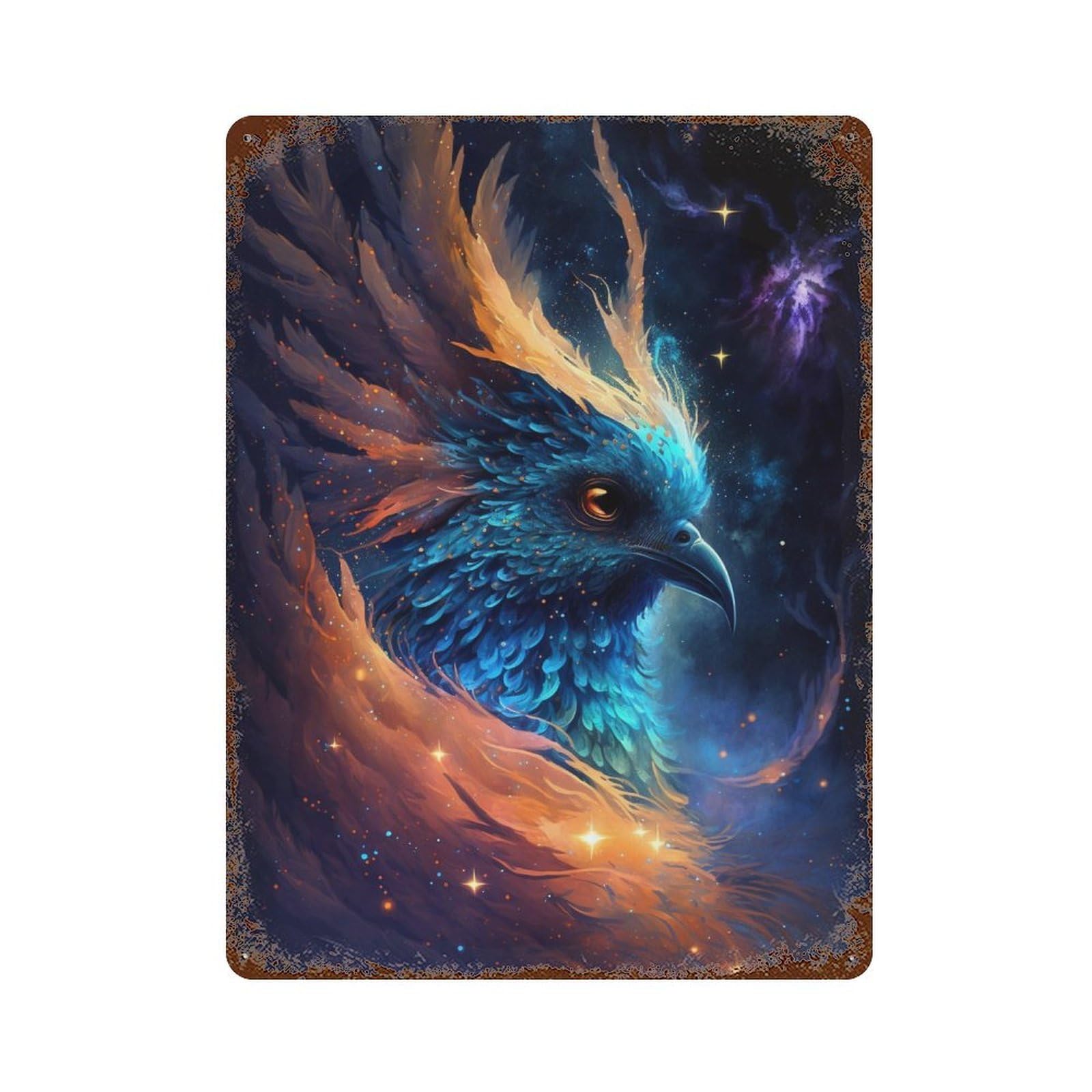 Rust Effect Galactic Phoenix Art Print -4 Retro Metal Sign 15.7"x11.8", Novelty Wall Decor for Bistro, Counter And Cafe Decor