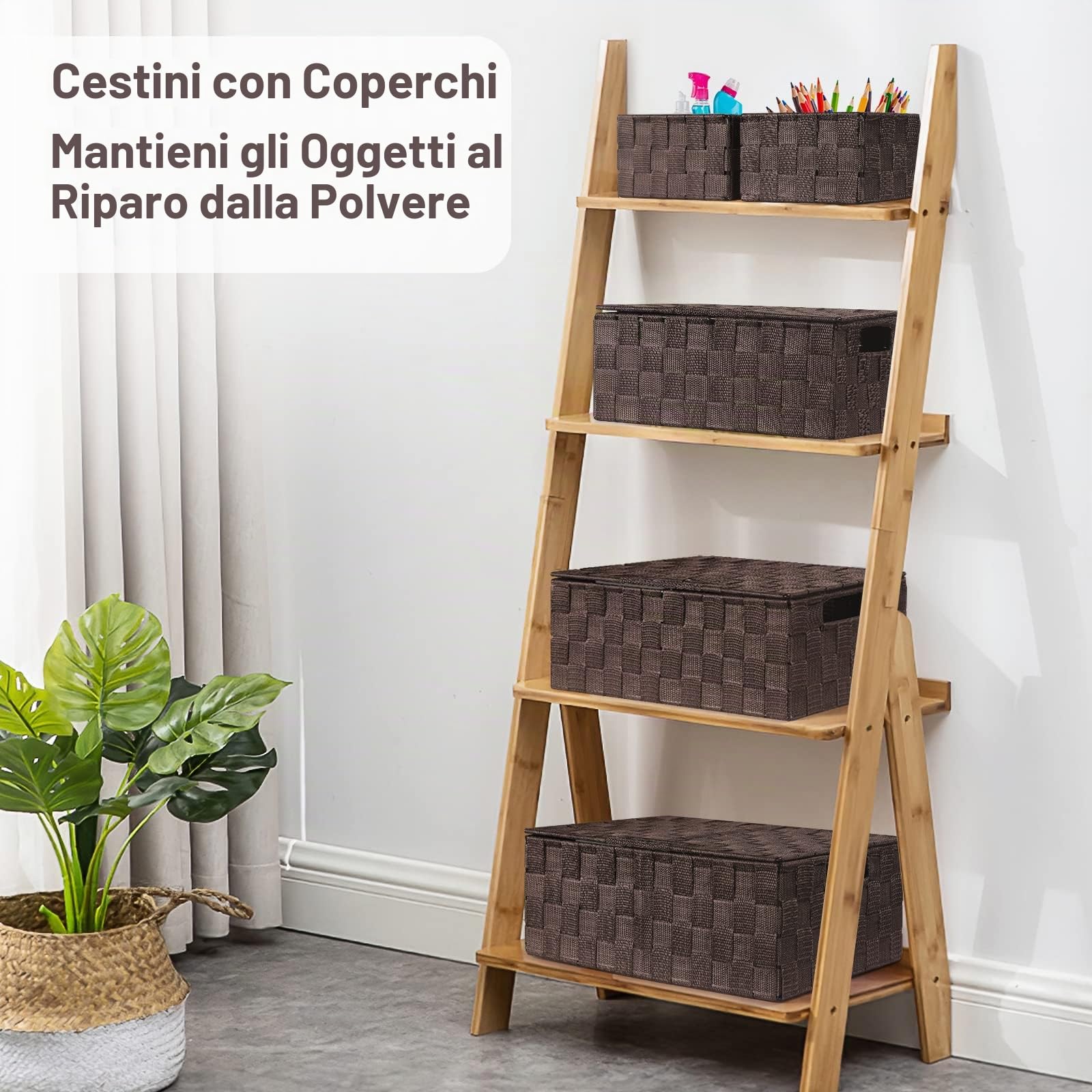 Uvellgift Set di 5 scatole portaoggetti da 34 cm con coperchio, impilabili, multiuso per riporre e organizzare bagno/stanza/asciugamani/trucchi (marrone)