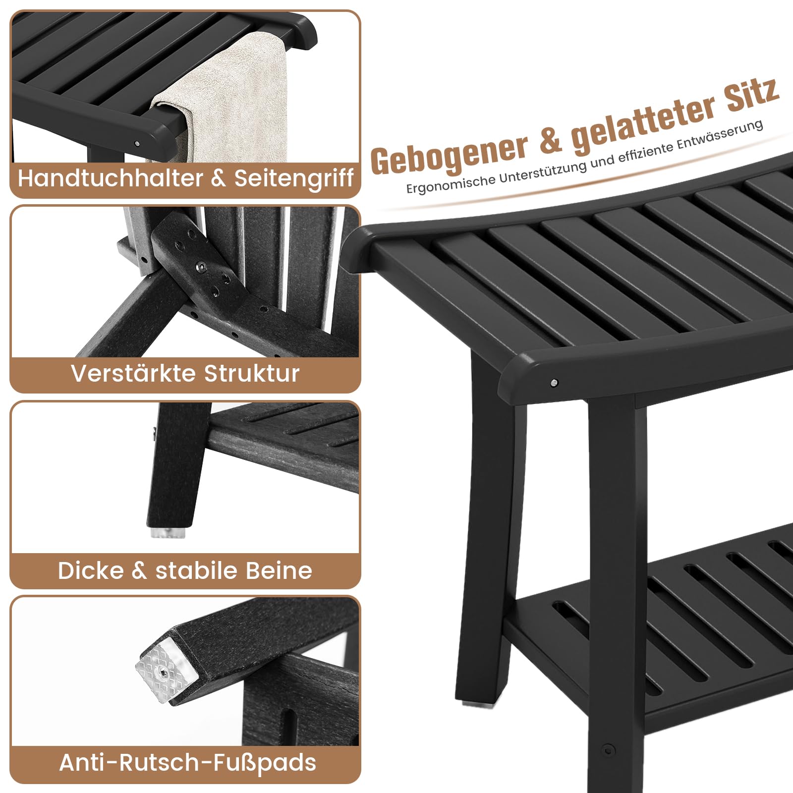 COSTWAY Duschbank Bad, Sitzbank mit Ablage, Badhocker 170 kg belastbar, Badezimmerbank Duschstuhl, Duschhocker für Erwachsene, Senioren, 60,5 x 34 x 48 cm (Schwarz)