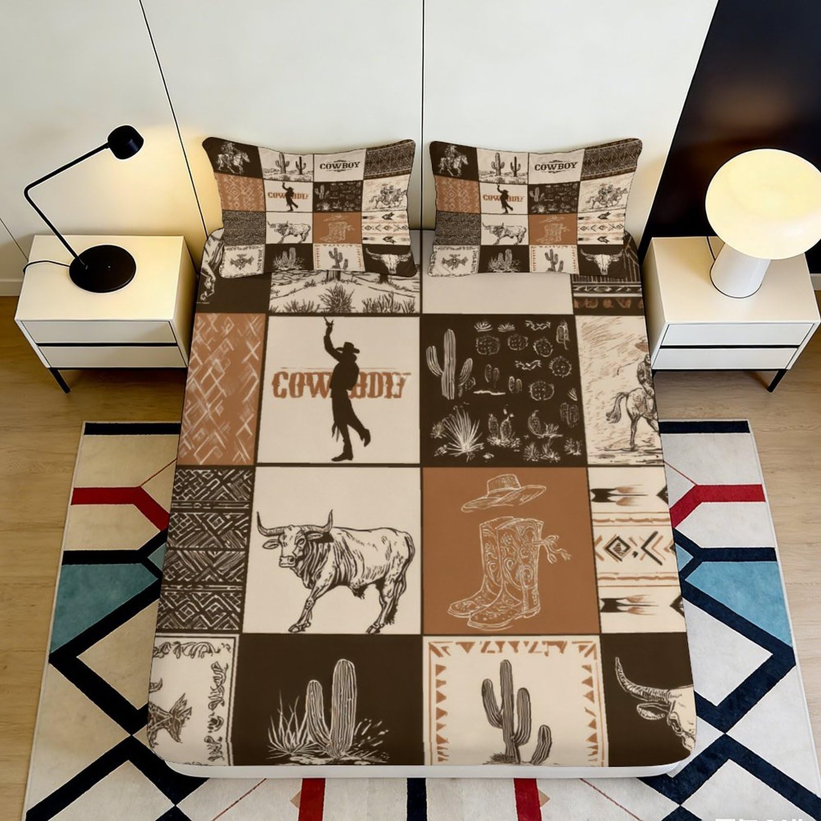 3D Printed Cowboy Western Fitted Sheet Microfiber Soft Brown Cactus Mattress Cover for Bedroom Guest Room Decor 90x200x25cm