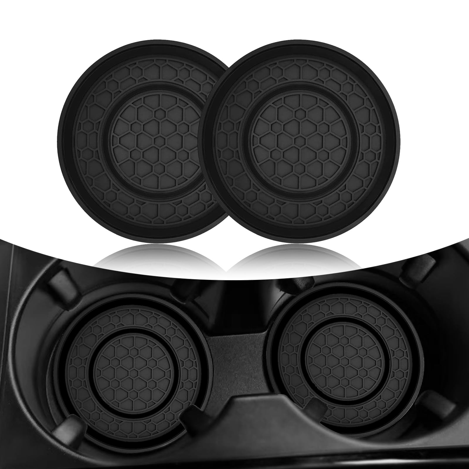 2 PCS Car Cup Coaster, 2.75" 3D Honeycomb Line PVC Anti-Slip Dust-Proof Cup Holder Decoration, Shock-Absorbing Soundproofing Central Control Insert Coaster, Universal for Most Cars (Black)