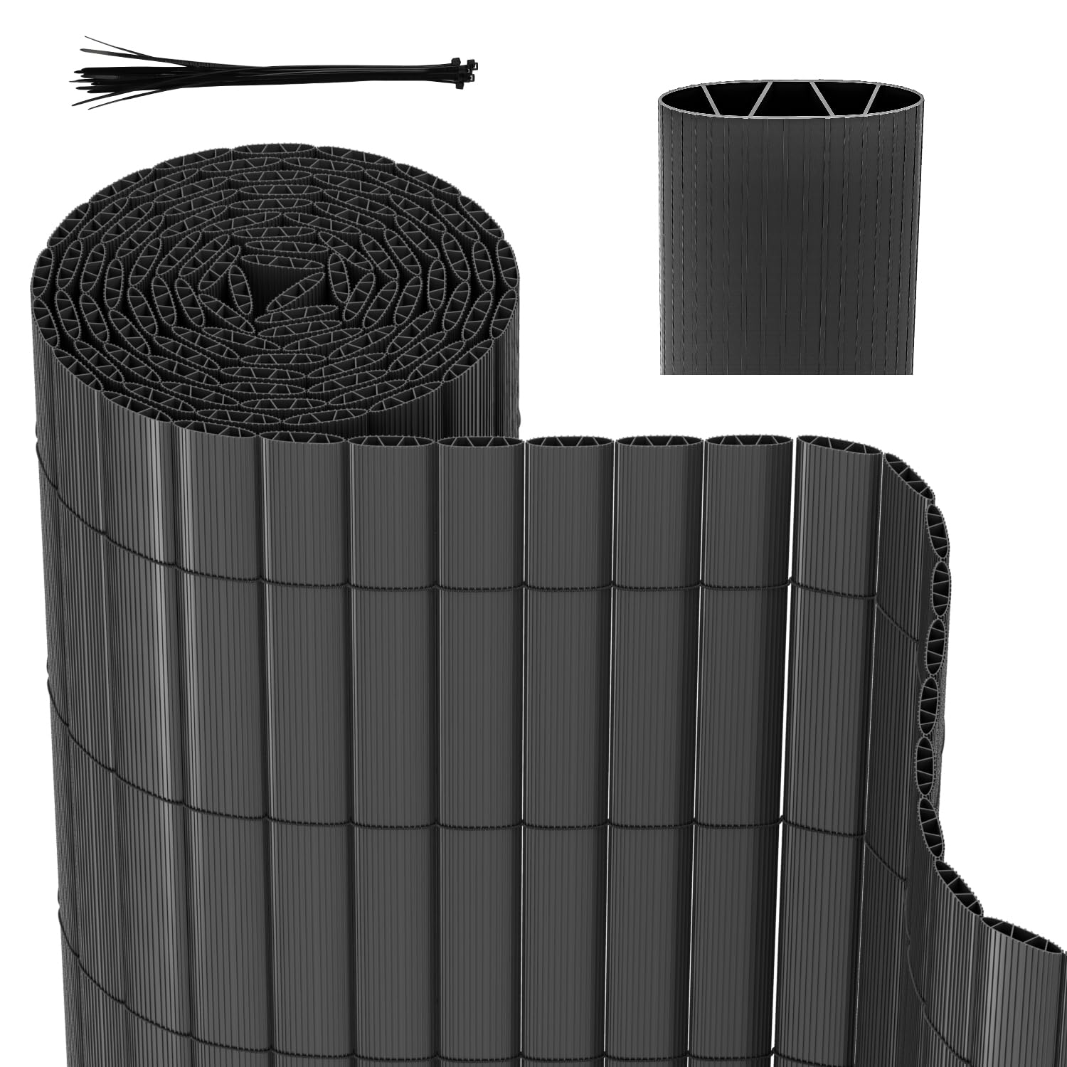 Herrselsam Brise-vue en polychlorure de vinyle avec serre-câbles, résistant aux intempéries, pour jardin, balcon, terrasse, structure interne en W, lamelles renforcées, gris, 100 x 400 cm