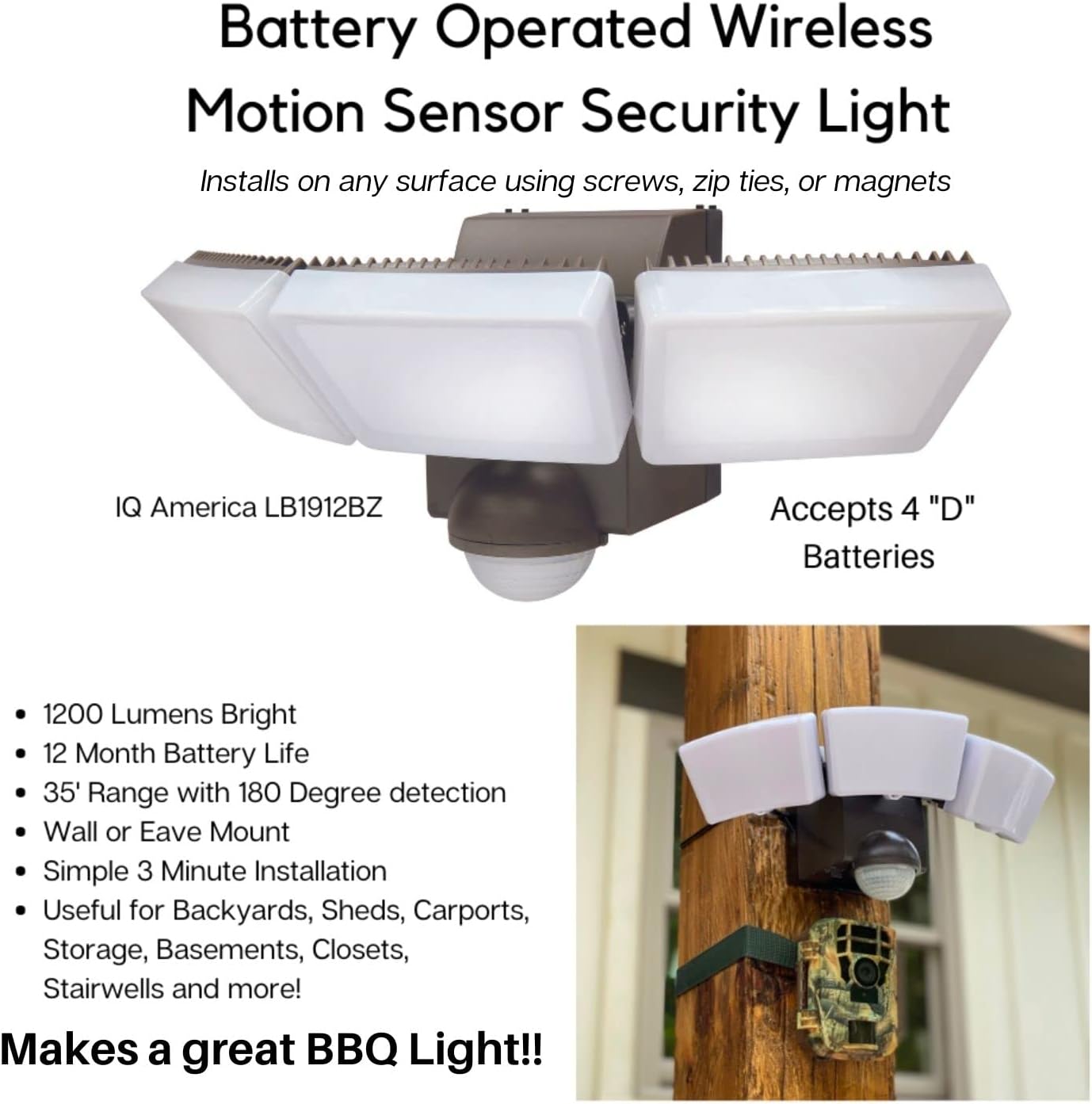 Battery Powered Indoor Outdoor Weatherproof LED Motion Security Sensor Floodlight, Eave or Wall Mount, 1250 lumens, Mount Anywhere, 3 Light bz