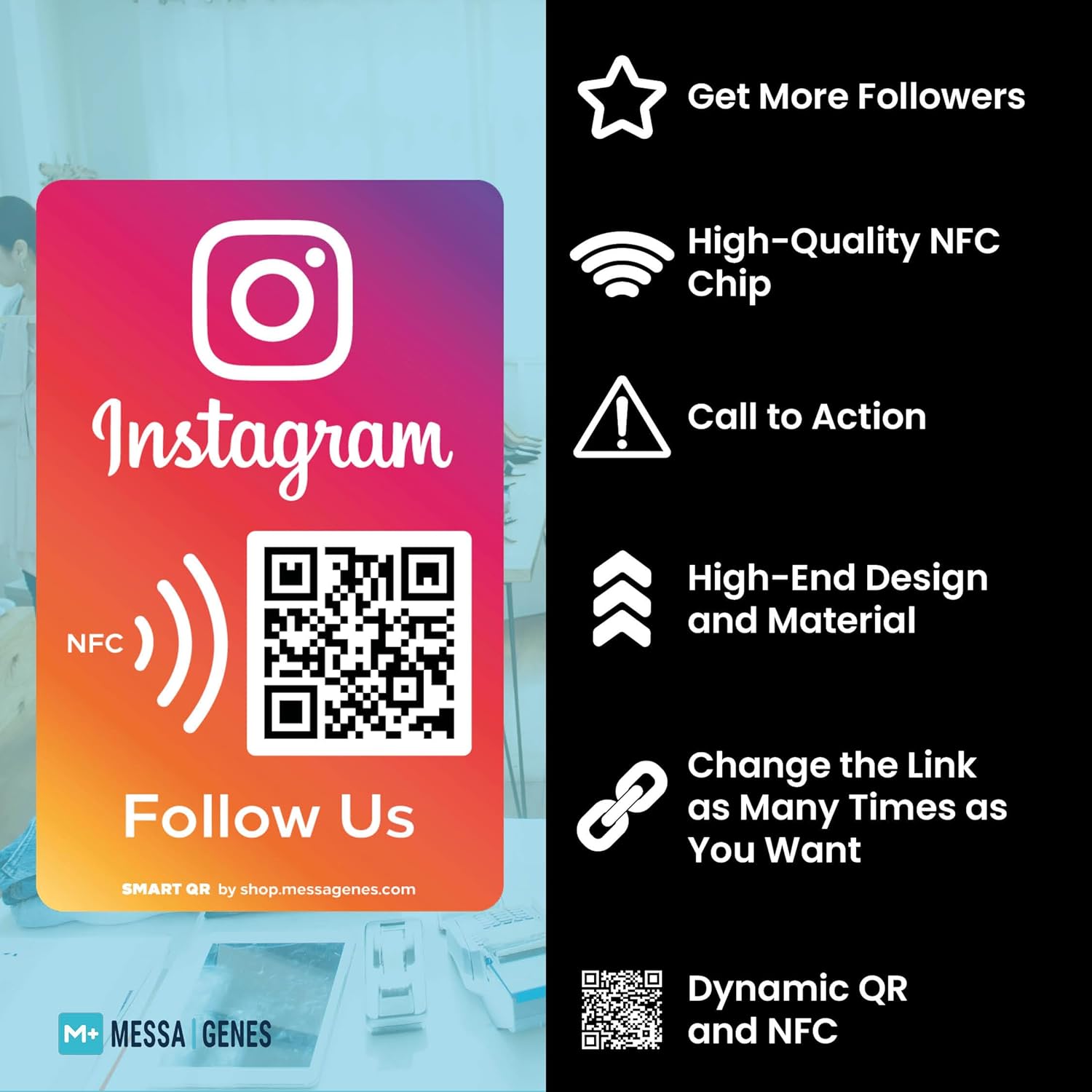 MESSAGENES | Follow Us on Instagram QR NFC Sticker | Social Media Stickers | Boost Followers | Pack 2 Units 8,6x5,5cm | Dynamic and Reusable QR | Instagram Stickers for Business | Premium Materials