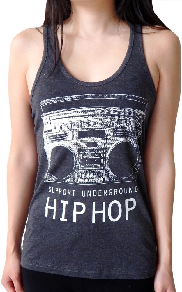 Graphic Villain Support Underground Hip Hop Boombox Womens Racerback Tank Top. Charcoal. Large.