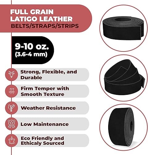 Miniatura 2 de ELW 9-10 oz (0.142-0.157 in) Latigo Cinturón de cuero Grado Correas y tiras  Tamaño 1.5"x84" (3.8x213cm)  Negro  Cuero de vaca de grano completo,