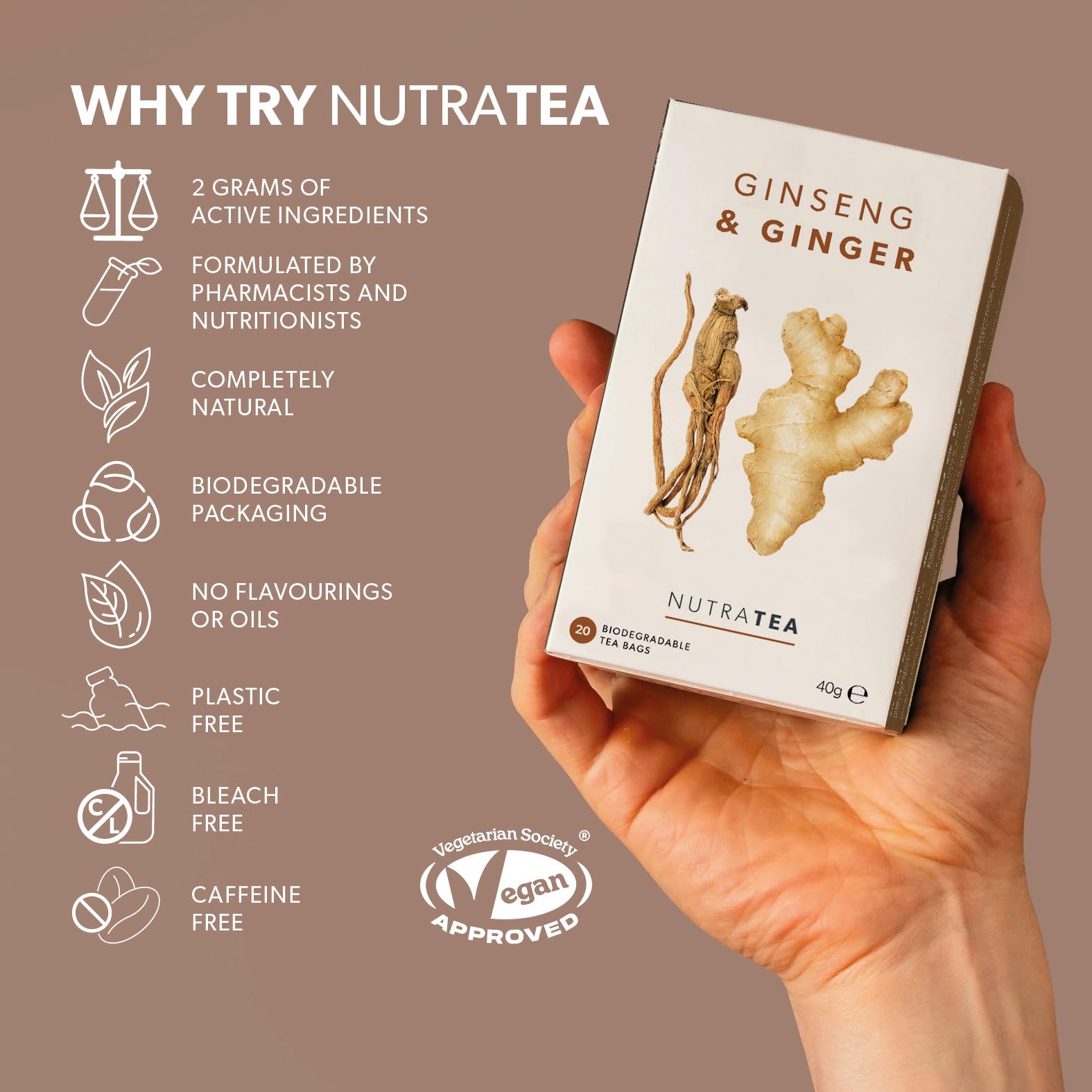 Nutra Tea Té de jengibre y ginseng, 120 bolsas envueltas individualmente, infusión de hierbas (paquete de 6)
