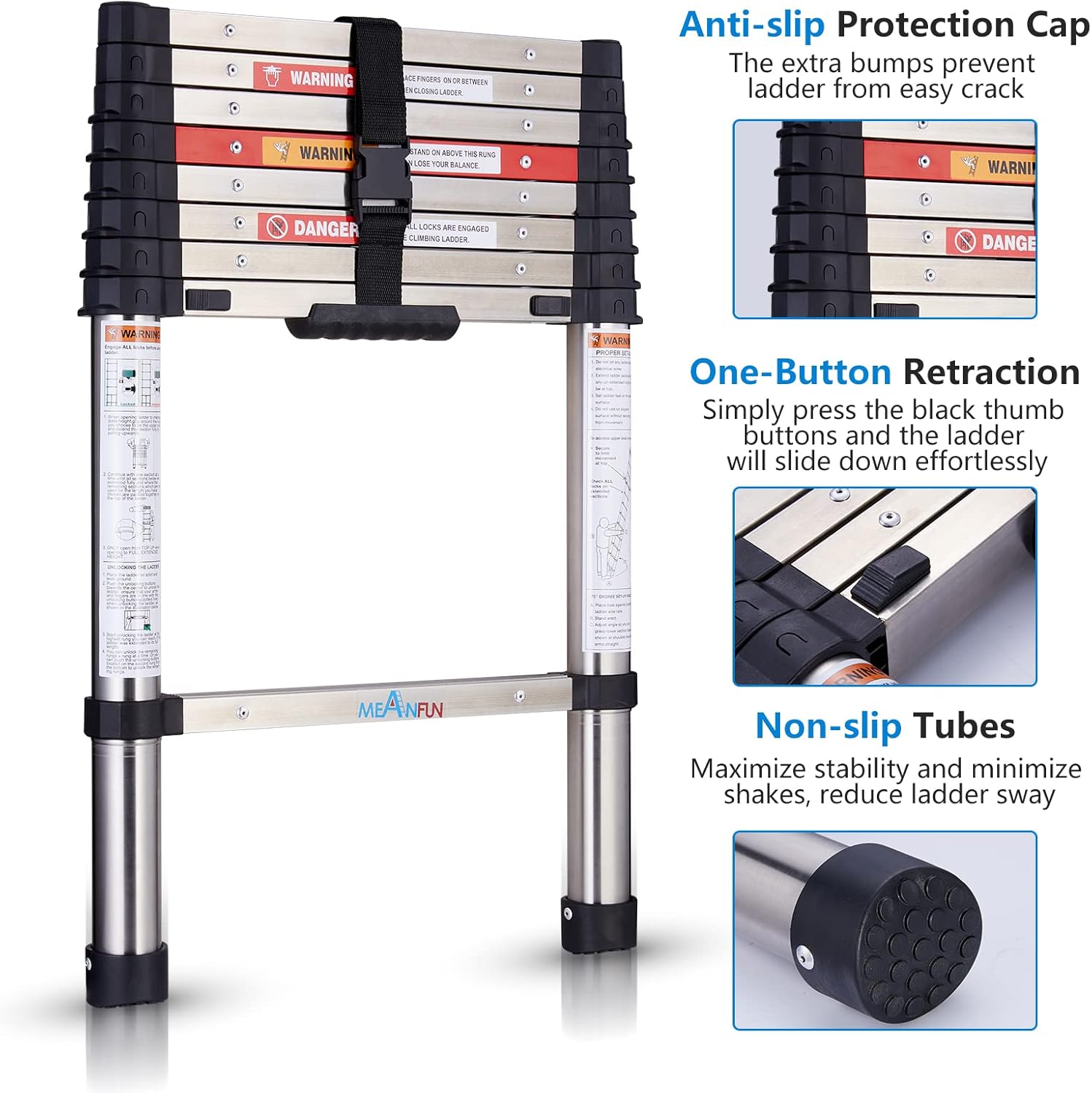 MEANFUN Telescoping Ladder, 8.5 FT One-Button Retraction Stainless Steel Extension Ladder, Safe Slow Down Mechanism Portable Ladder with ANSI Certified for Home Apartment Office Shed, 330 LB Capacity - - 