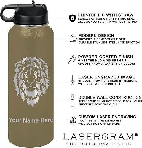 Vista 293 de LaserGram Botella de agua personalizada, palitos de lacrosse, acero inoxidable de doble pared aislada al vacío con popote superior, regalo grabado