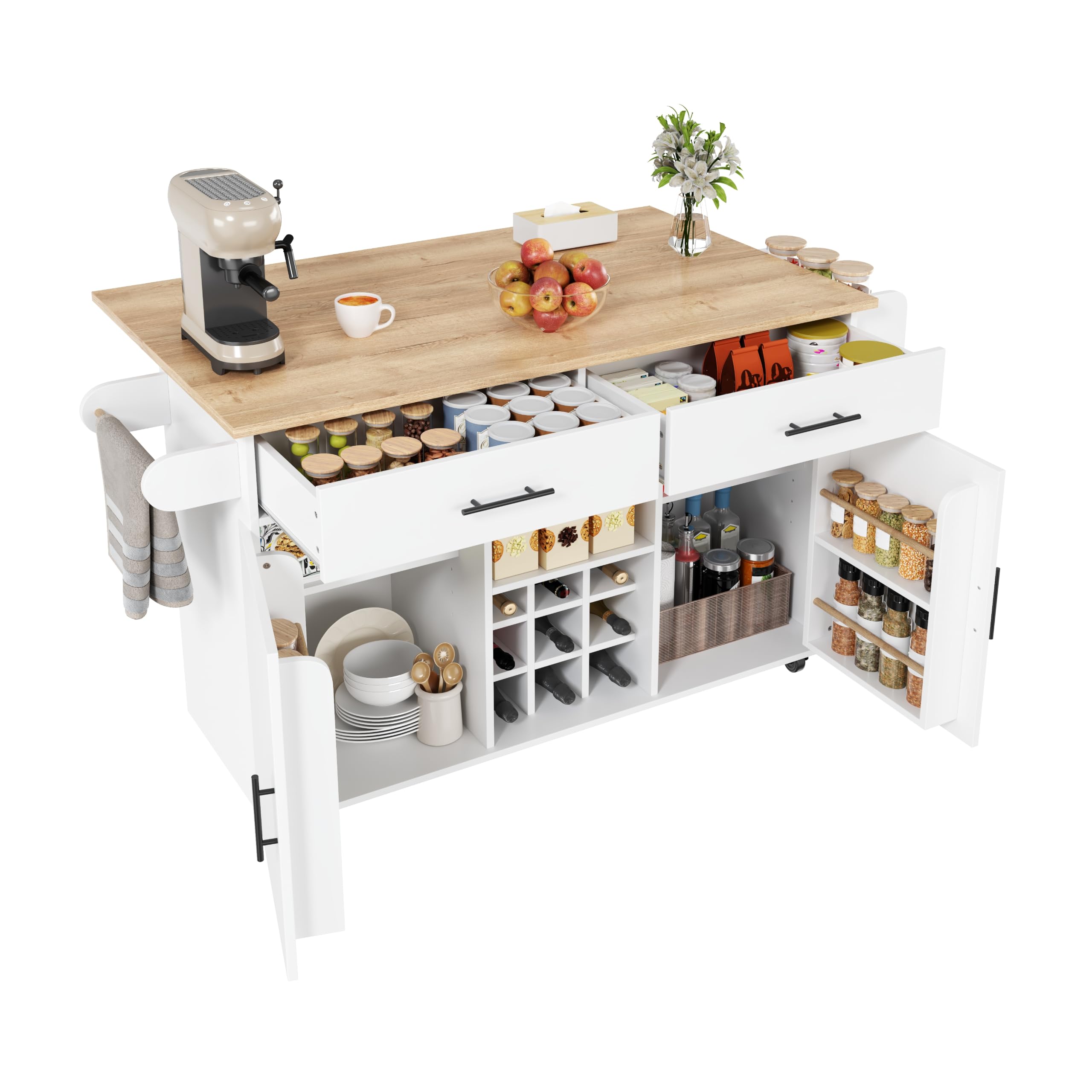 Isola da cucina con piano di lavoro pieghevole, bianco, carrello da cucina arrotolabile con vano portaoggetti, 2 cassetti, scaffale per vino, portaspezie, portasciugamani, design salvaspazio