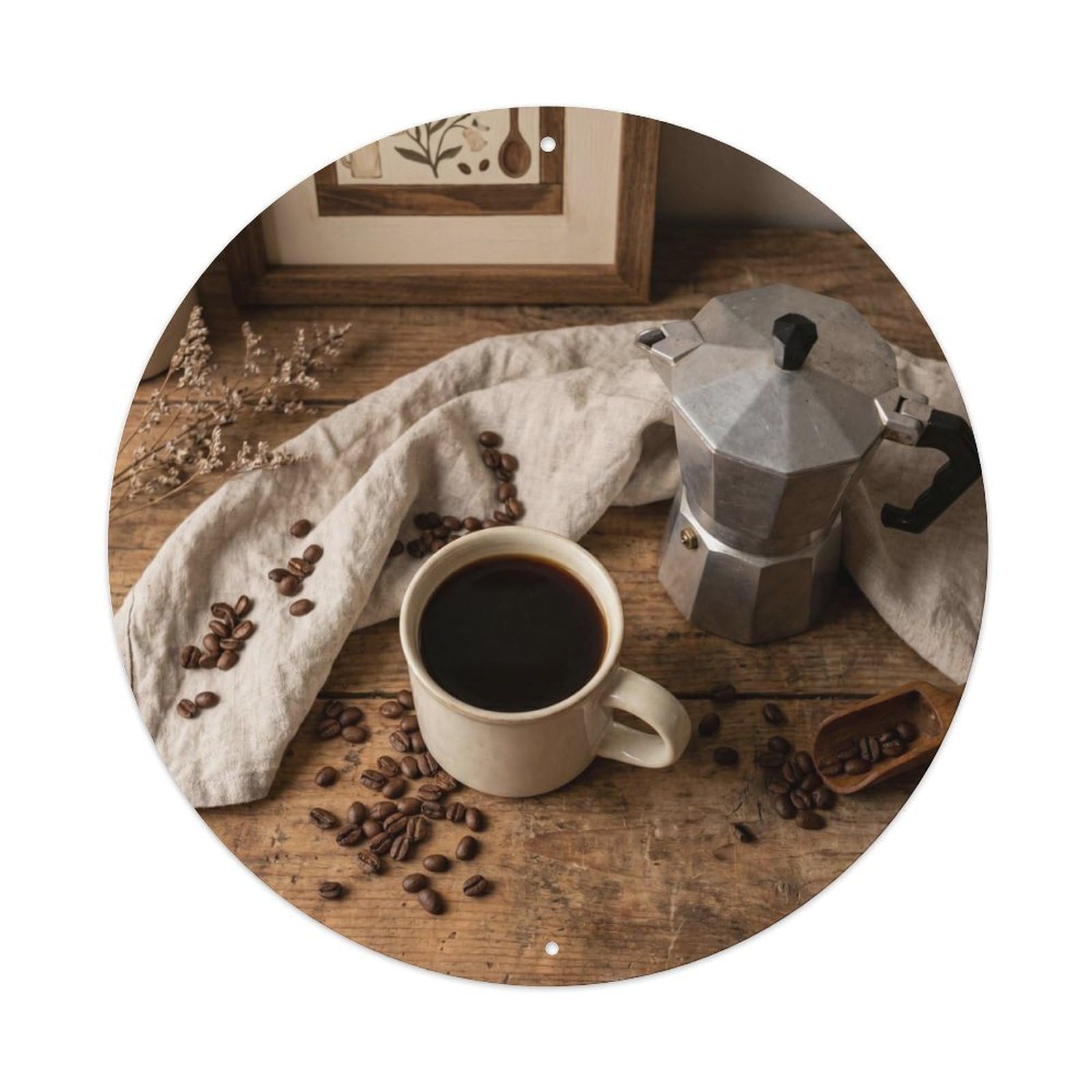 Woodcut Rustic Farmhouse Espresso Coffee Beans Roastery Metal Tin Sign Plaque Wall Decor for Cafe, Man Cave, Club Bar, Office, Home Garden Round Metal Poster 8x8Inch