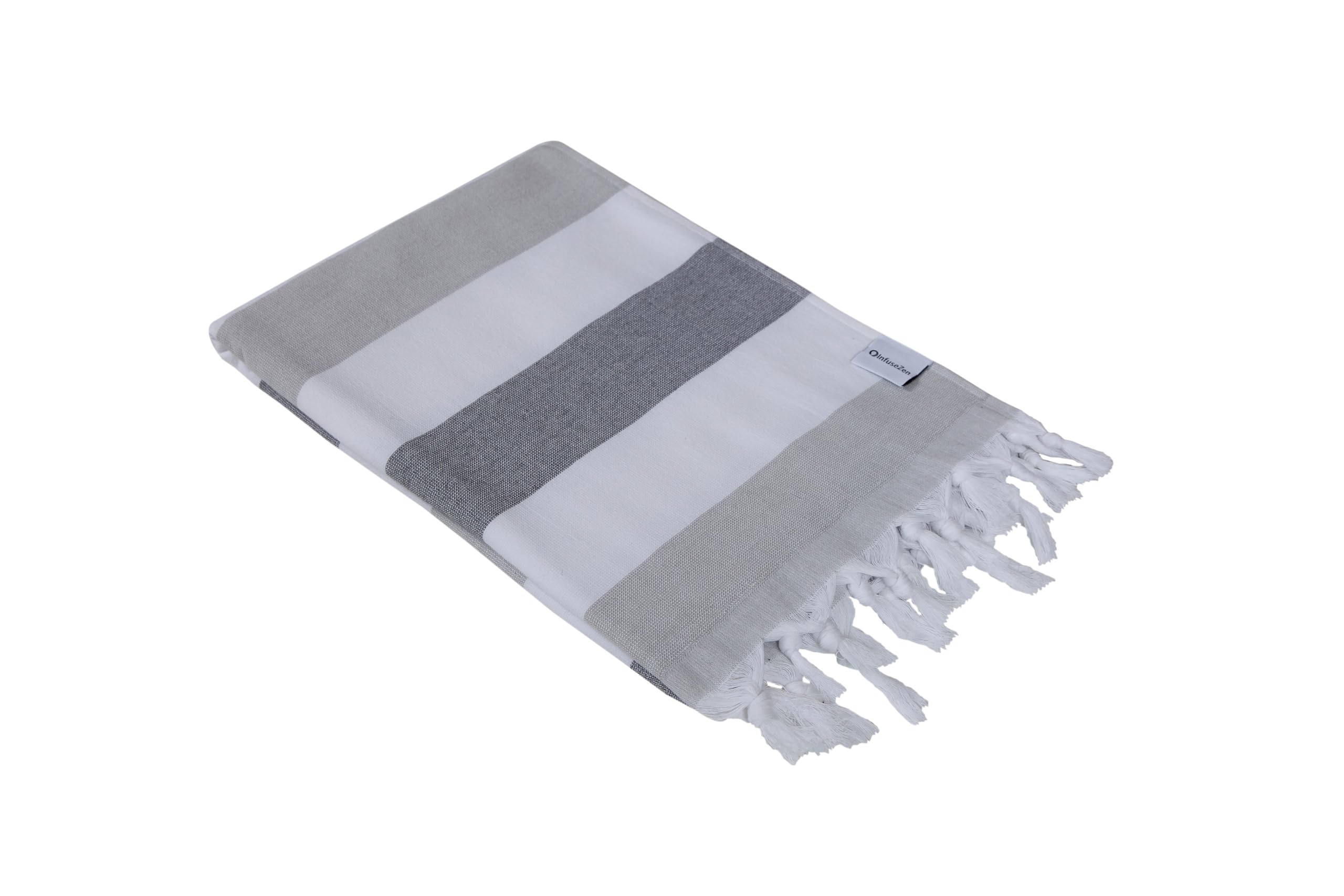 InfuseZenSoft Terryback Large Turkish Towel - Striped Terry Backed Peshtemal Bath Towel, Gym & Beach Towel, Thin Oversized Hammam Towel, Plus Size Fouta (Shades of Grey)