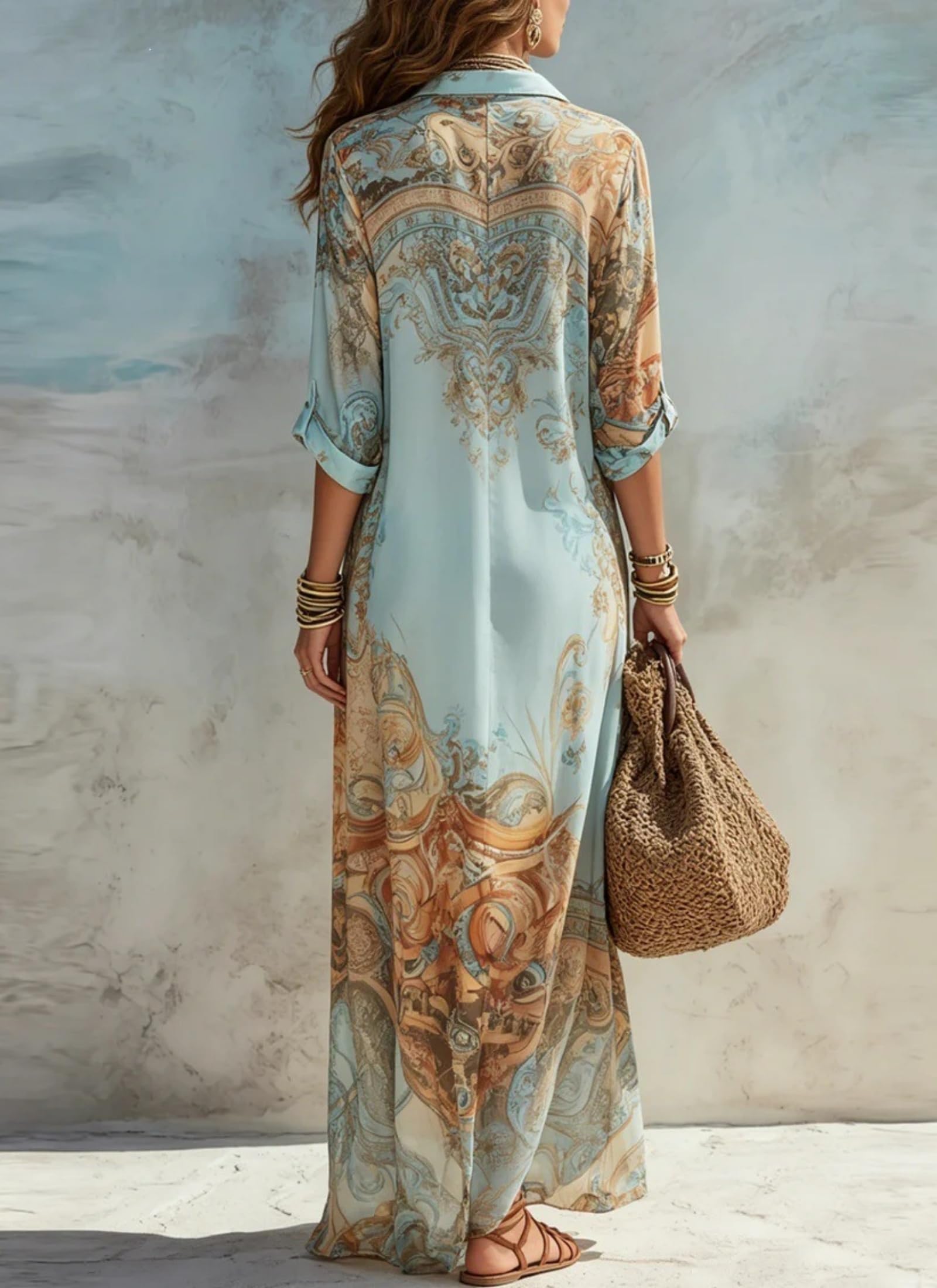 Generico Abito Lungo da Donna Stile Boho con Scollo a V e Maniche Lunghe, Stampa Floreale, vestibilità Ampia, Casual, Vintage, Western, per Vacanze e Spiaggia 2026