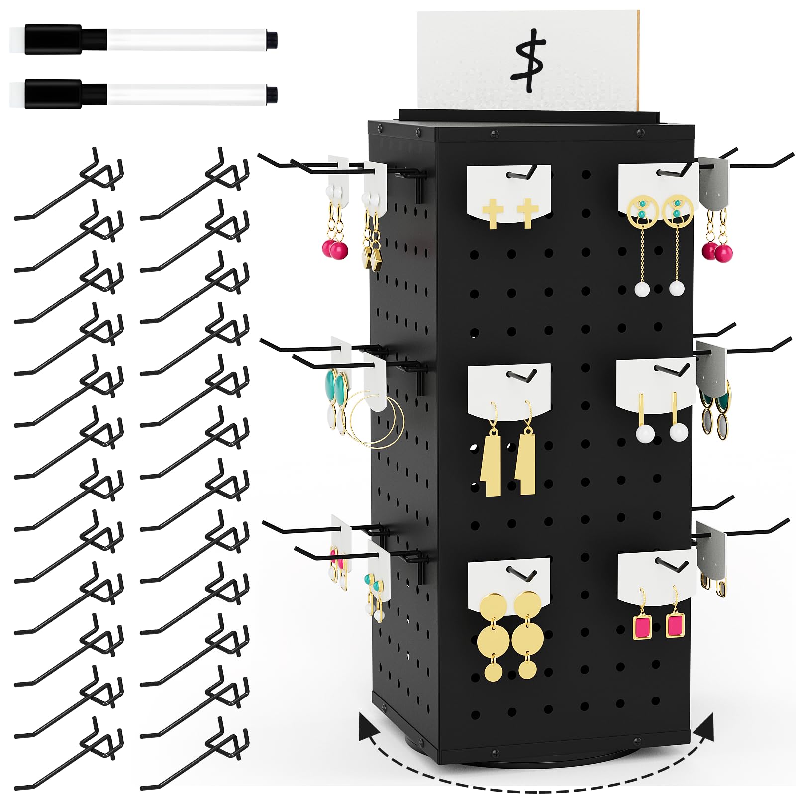 VACONICO Rotating Pegboard Display Stand with 24 Hooks, Tabletop Metal Peg board Shelf for Craft Shows & Fairs, Retail Stores, Vendors Arts and Crafts
