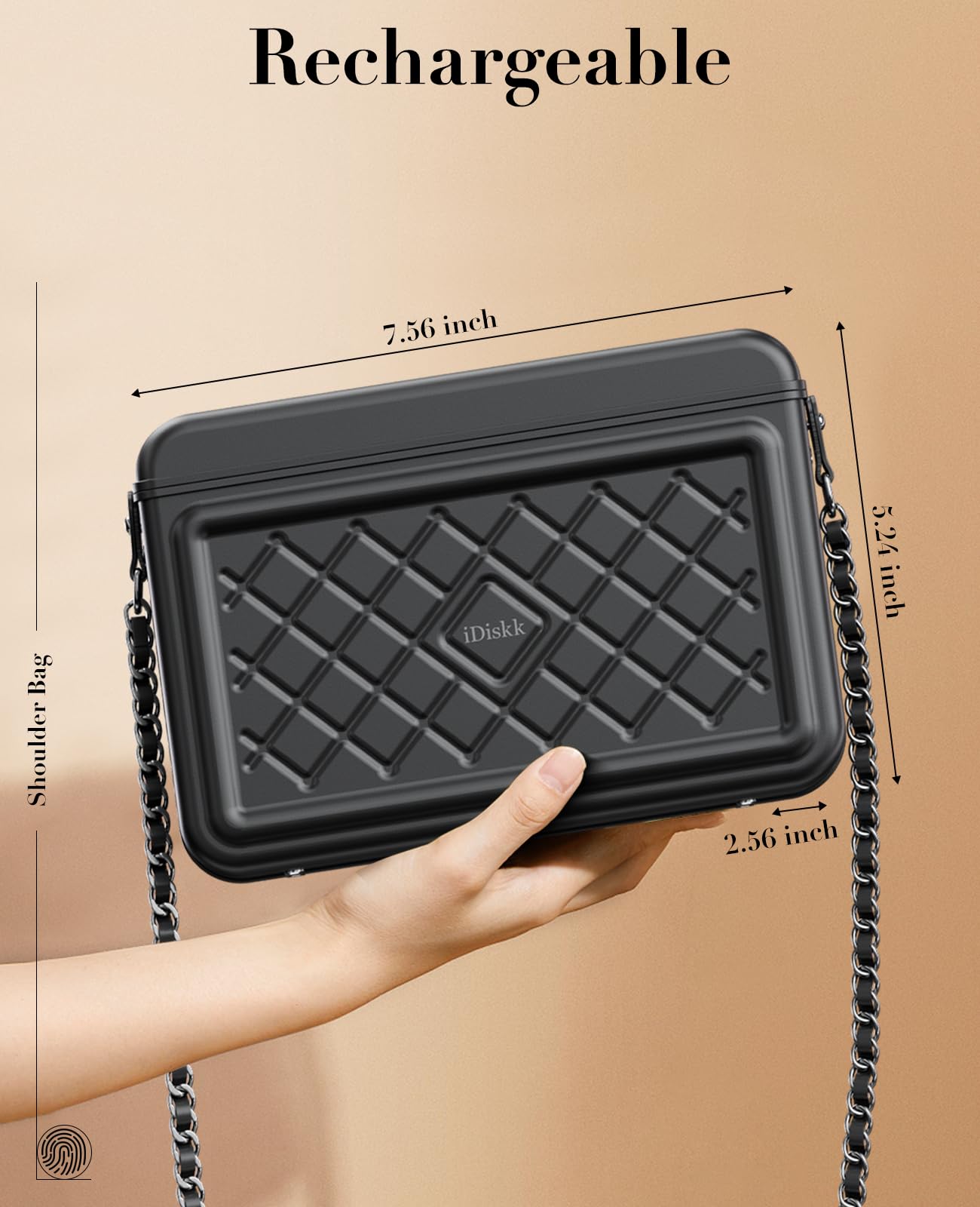 iDiskk MFi Certified shoulder aluminum alloy Fingerprint & Password electronic security Anti-theft safe Box, innovative lockable Bag for women,built in 8000mAh
