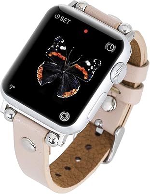 Venito Perugia Premium Leather Slim Watch Band Strap w/Gold Studs Compatible w/Apple Watch Series 1,2,3,4,5,6,7,SE w/Stainless Steel Hardware (Nude Pink w/Silver Connector & Clasp, 38mm-40mm-41mm)