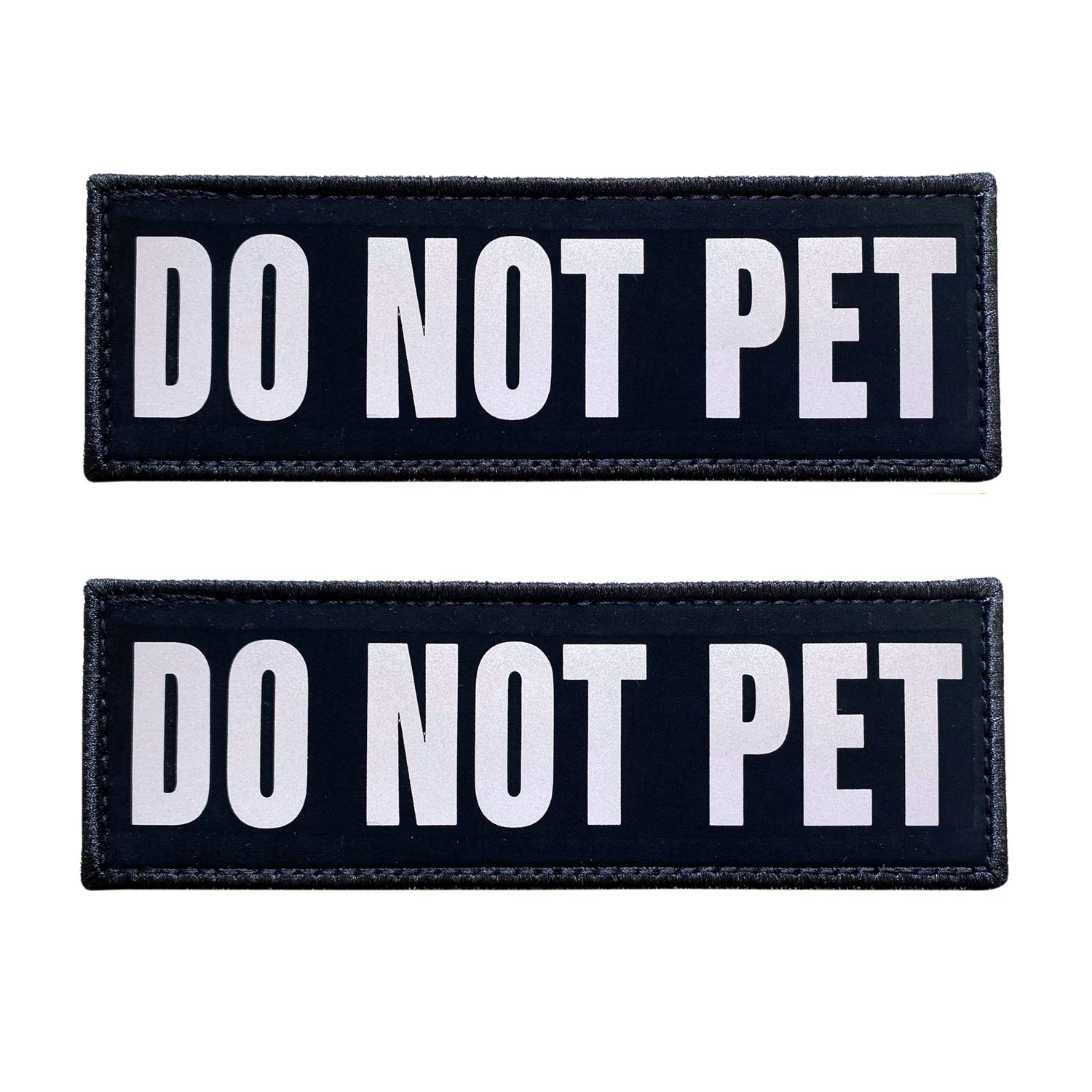 JUJUPUPS Black Reflective Dog Patches 2 Pack Service Dog ，in Training， DO NOT PET, Tags with Hook and Loop Patches for Vests and Harnesses (DO NOT PET, 5x1.5 inch)